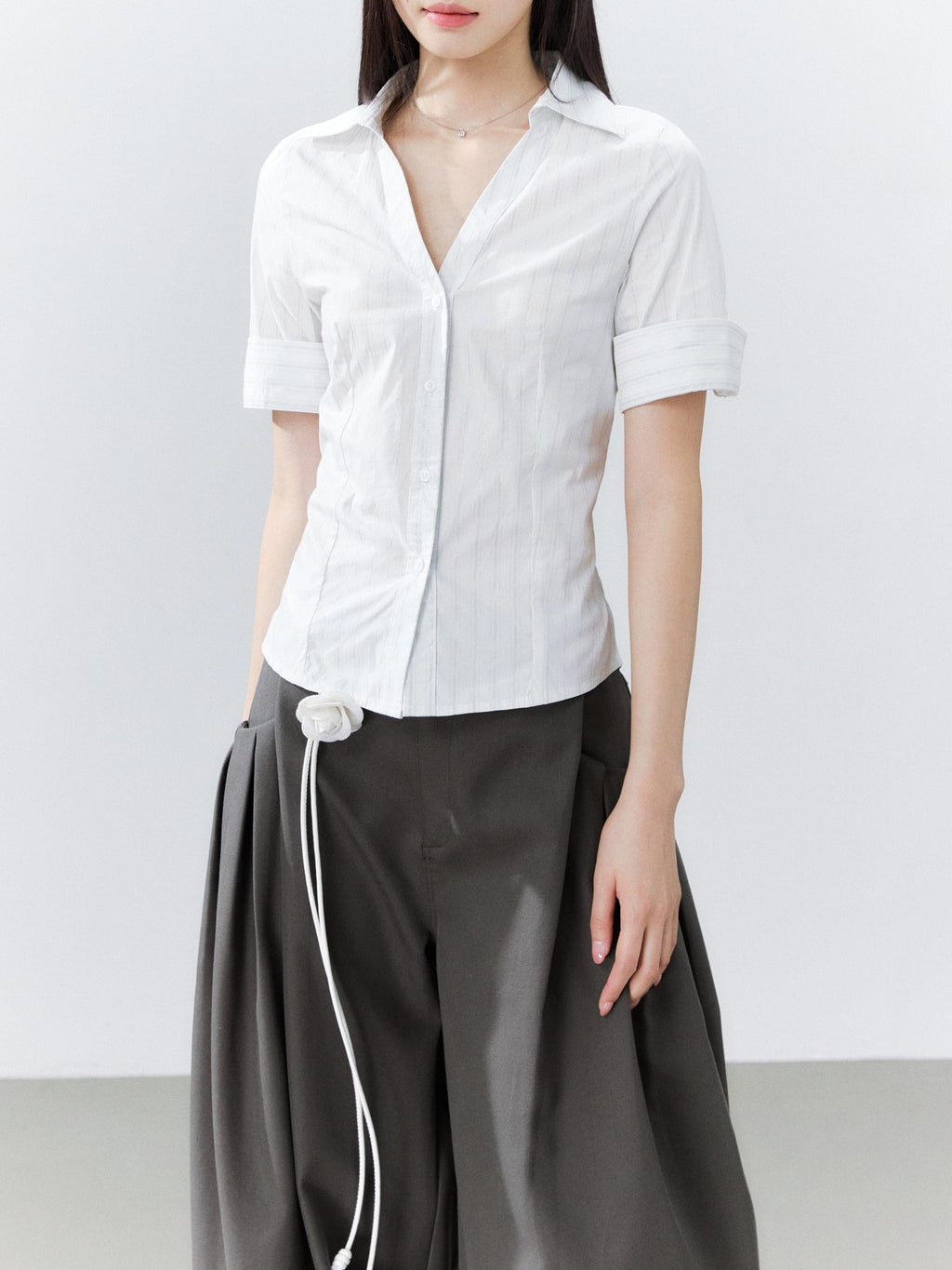 Hypoekai Striped V-neck Tie Waist Cinched Slim Women's Short Sleeve T-shirts