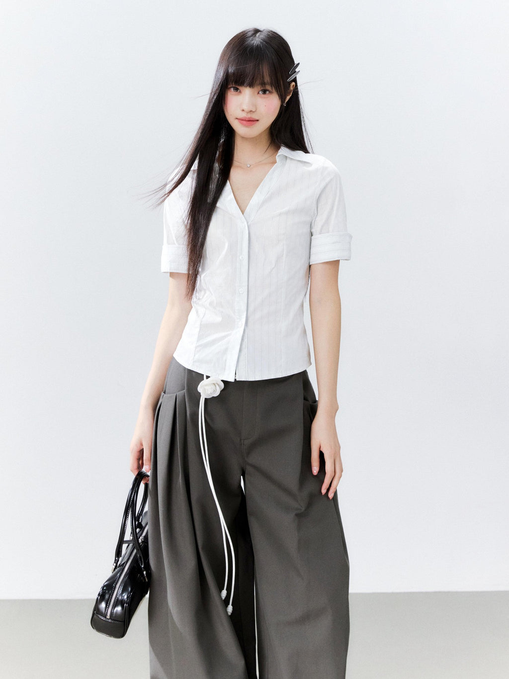 Hypoekai Striped V-neck Tie Waist Cinched Slim Women's Short Sleeve T-shirts