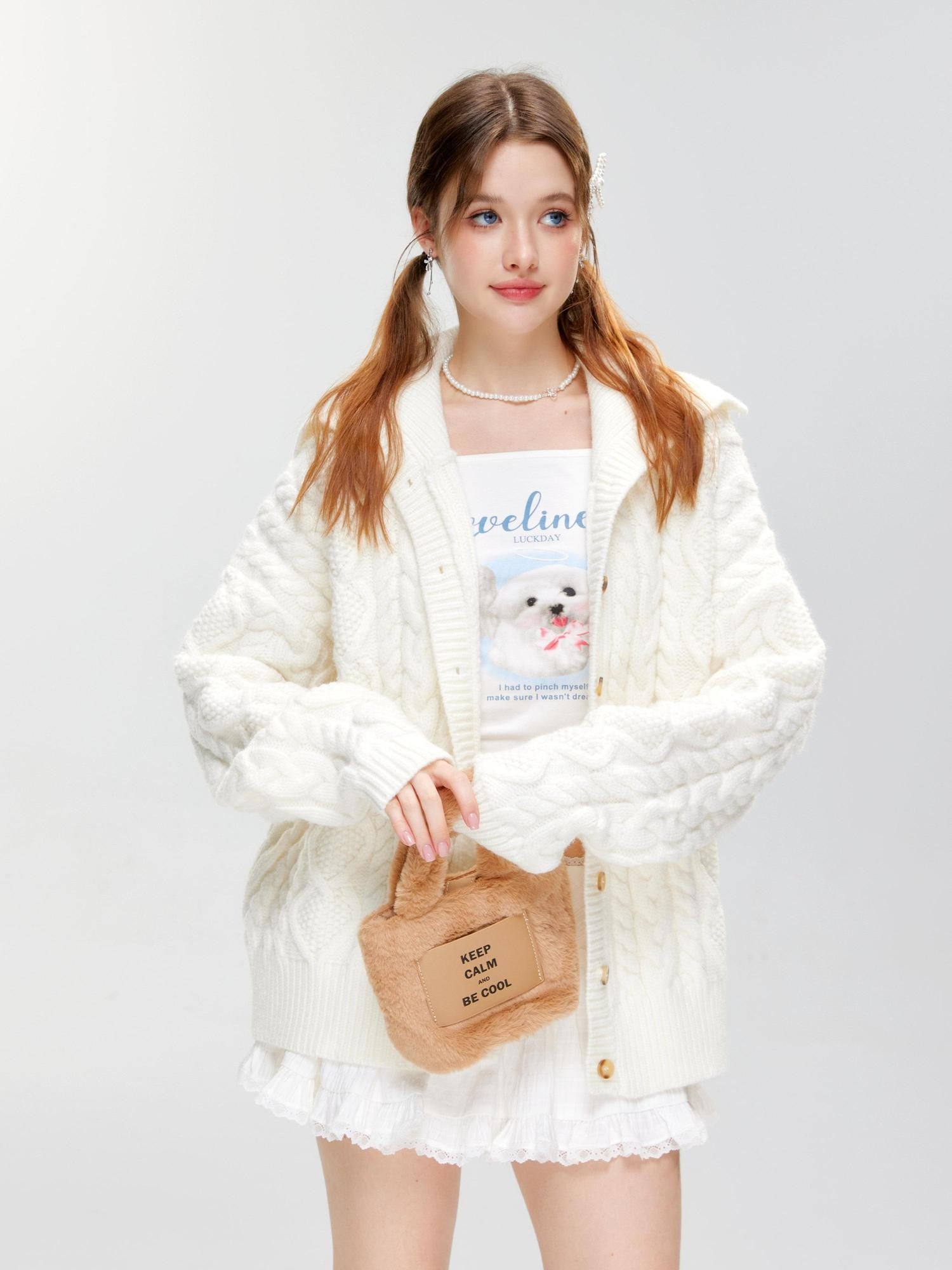 Hypoekai Sweet Collared Cable Knit Women's Knitted Button-up Cardigans