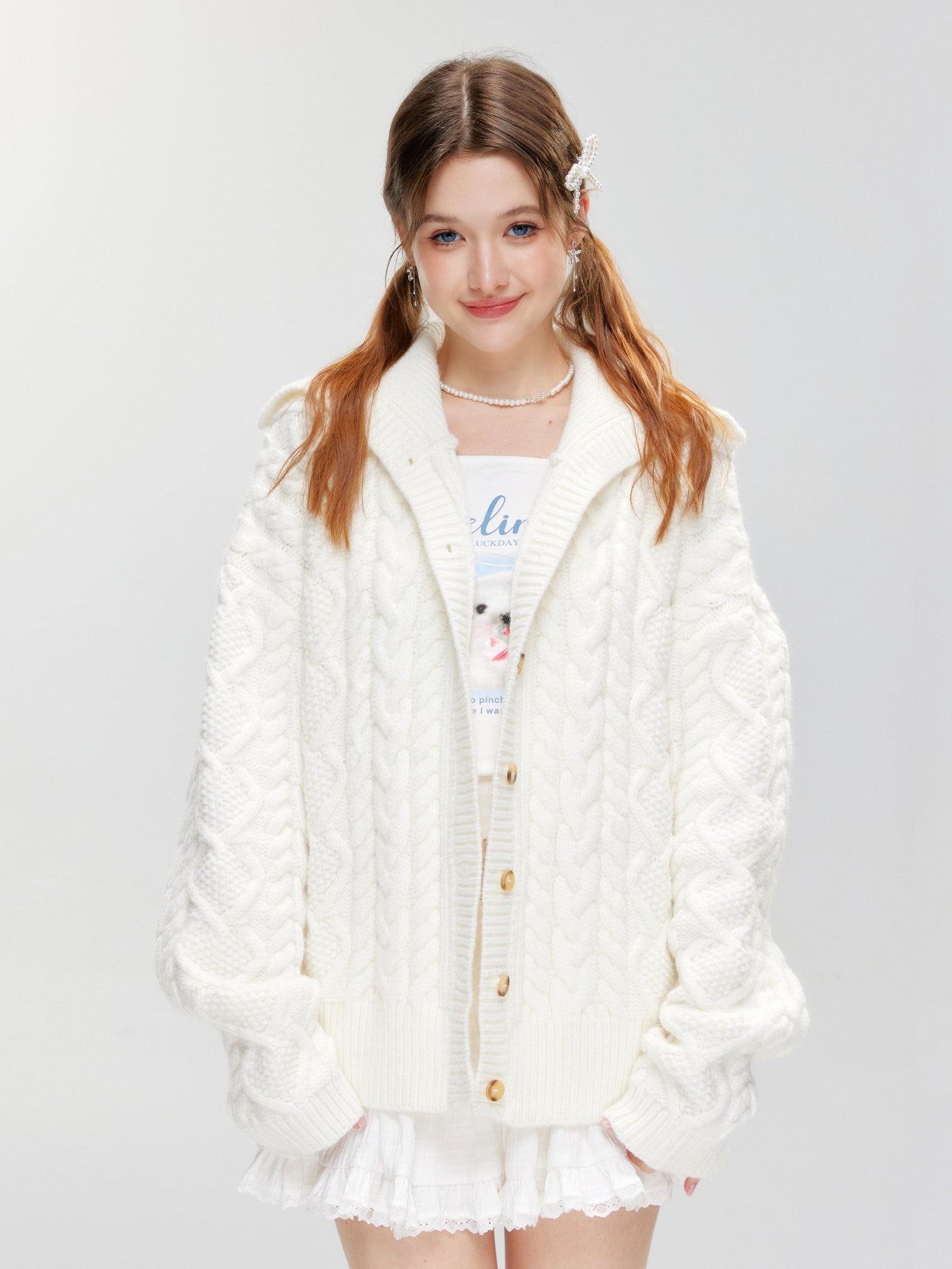 Hypoekai Sweet Collared Cable Knit Women's Knitted Button-up Cardigans