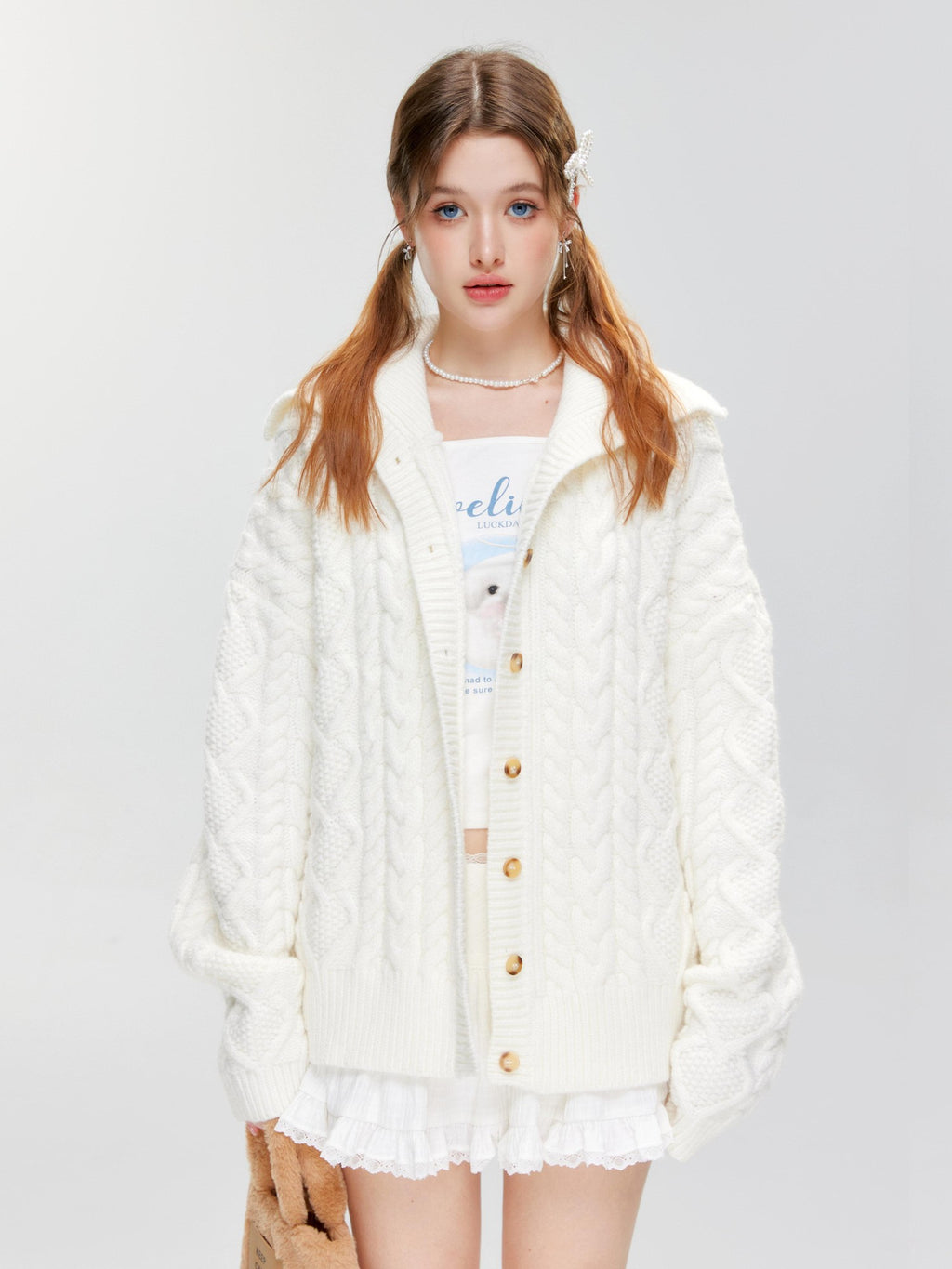 Hypoekai Sweet Collared Cable Knit Women's Knitted Button-up Cardigans