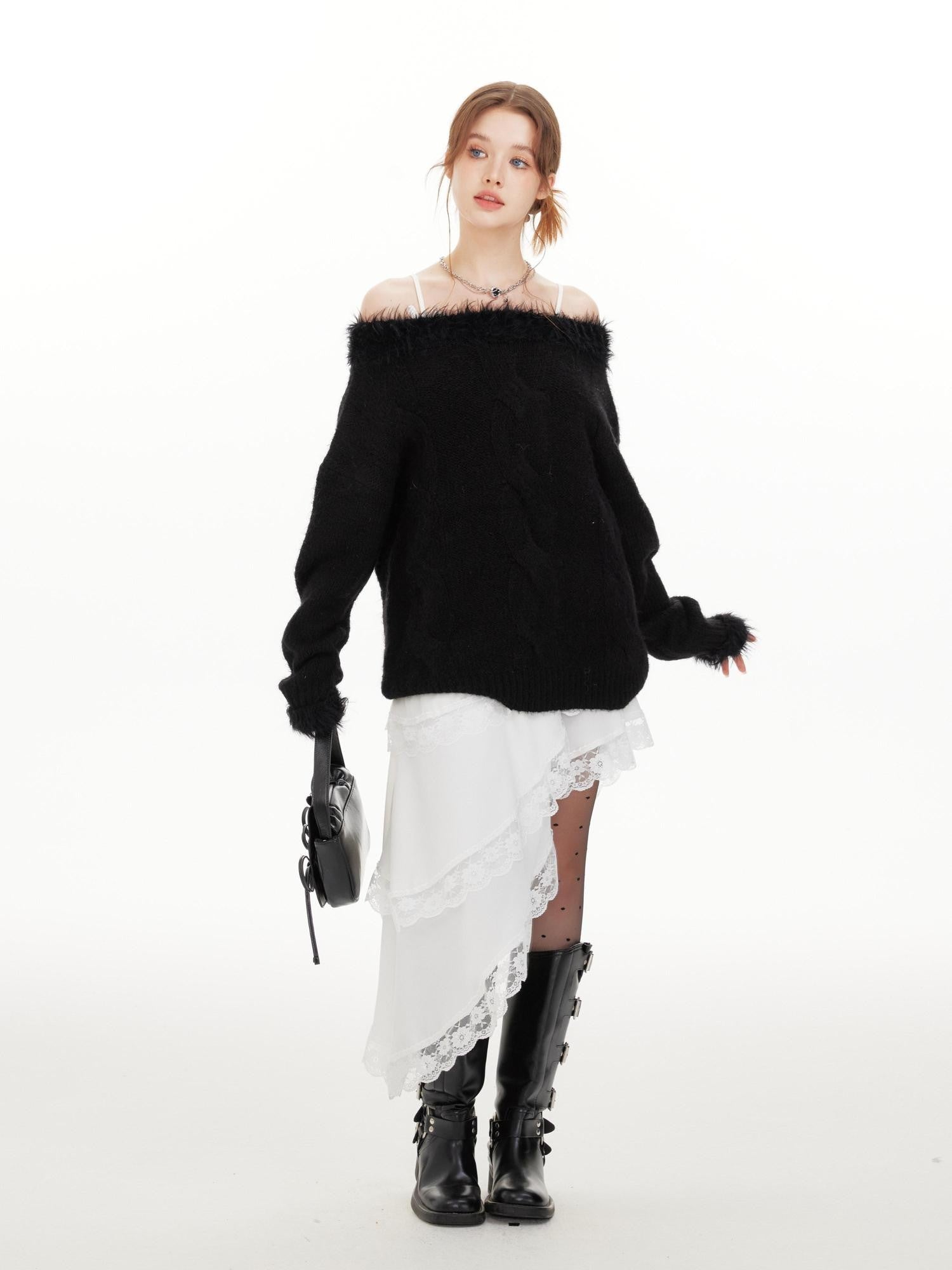 Hypoekai Sweet Spicy V-neck One Shoulder Women's Knit Off-shoulder Sweaters