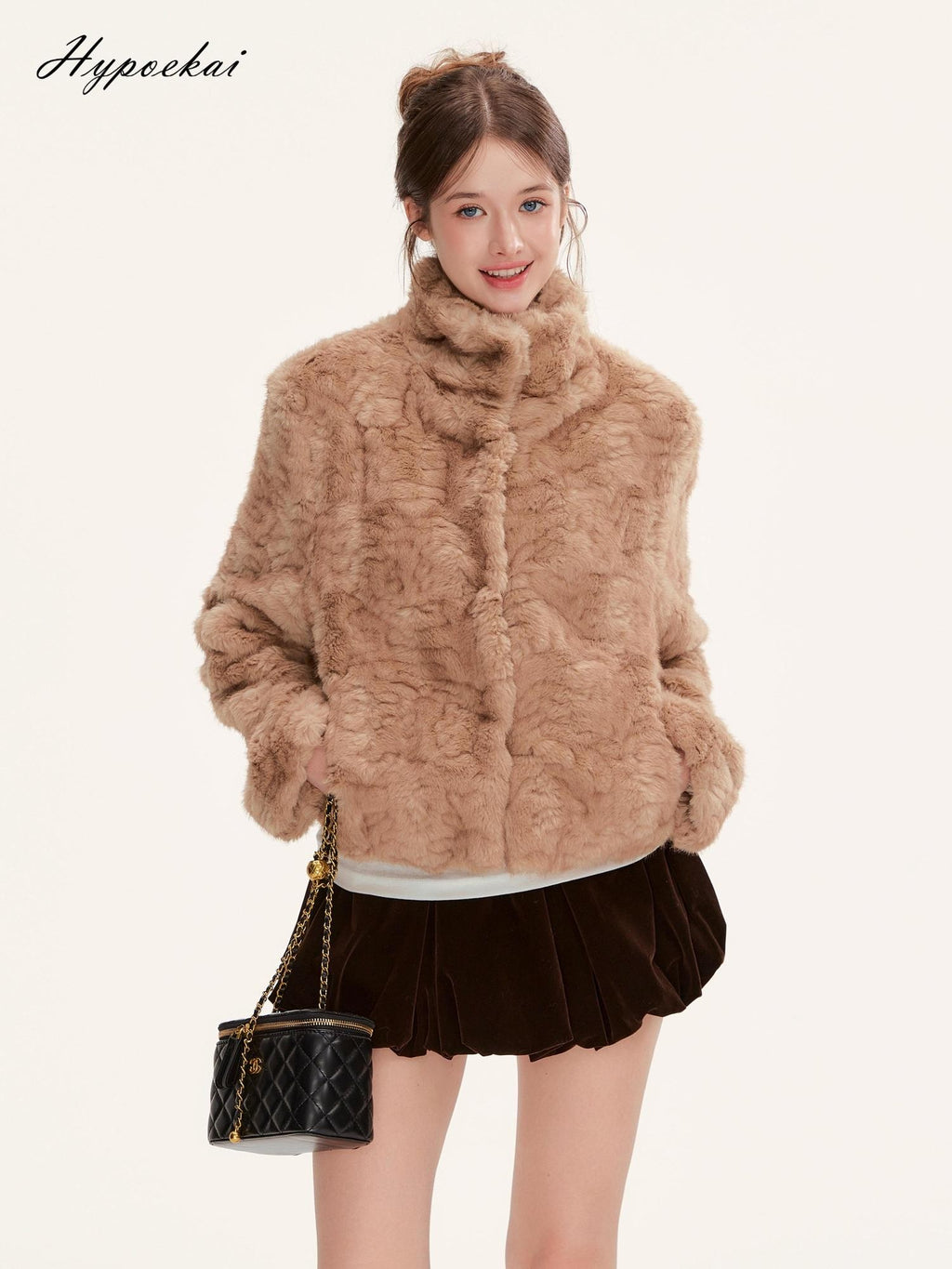 Hypoekai Warm Brown Cable Knit Faux Fur Women's Korean Cropped Jackets