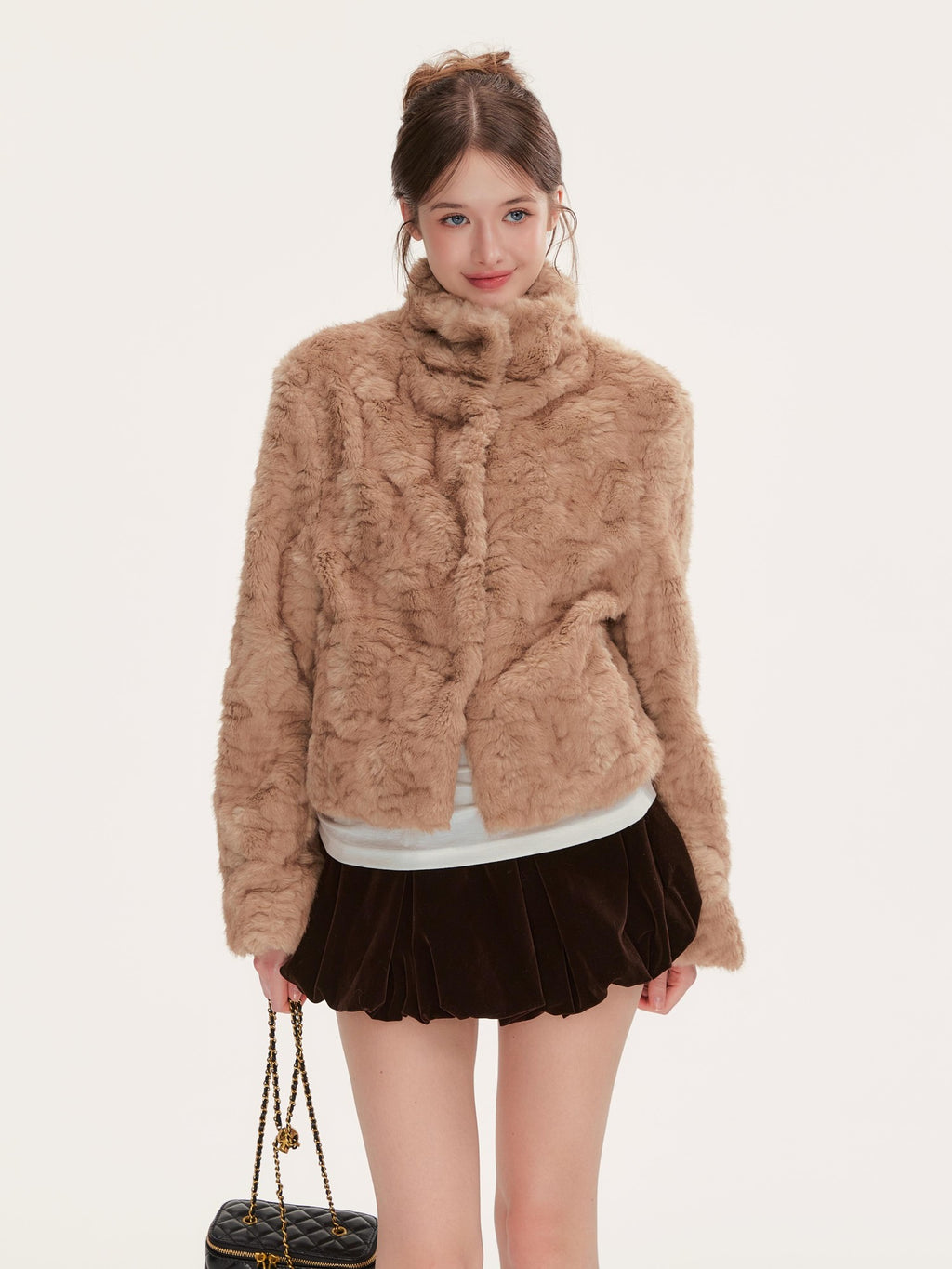 Hypoekai Warm Brown Cable Knit Faux Fur Women's Korean Cropped Jackets