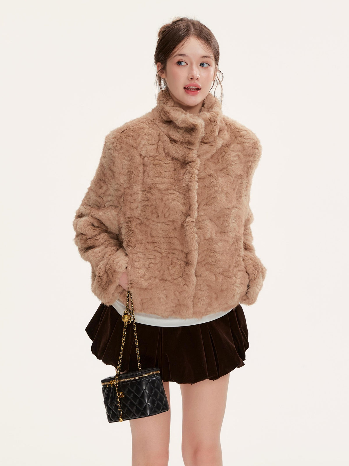 Hypoekai Warm Brown Cable Knit Faux Fur Women's Korean Cropped Jackets