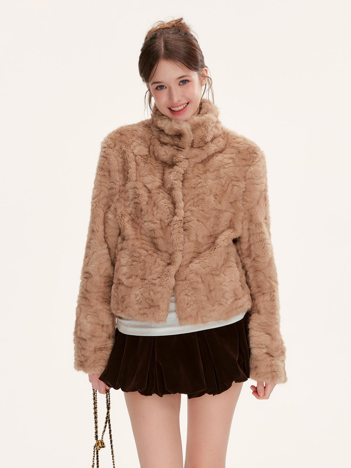 Hypoekai Warm Brown Cable Knit Faux Fur Women's Korean Cropped Jackets