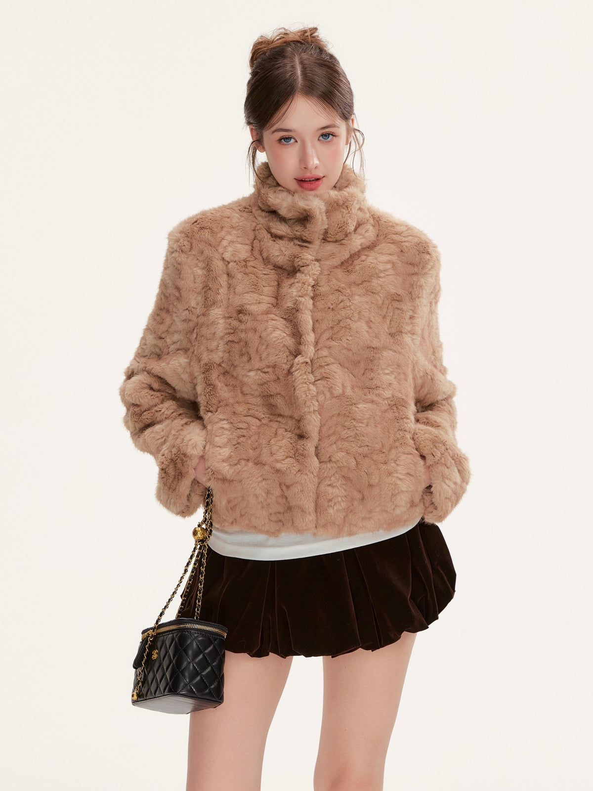 Hypoekai Warm Brown Cable Knit Faux Fur Women's Korean Cropped Jackets