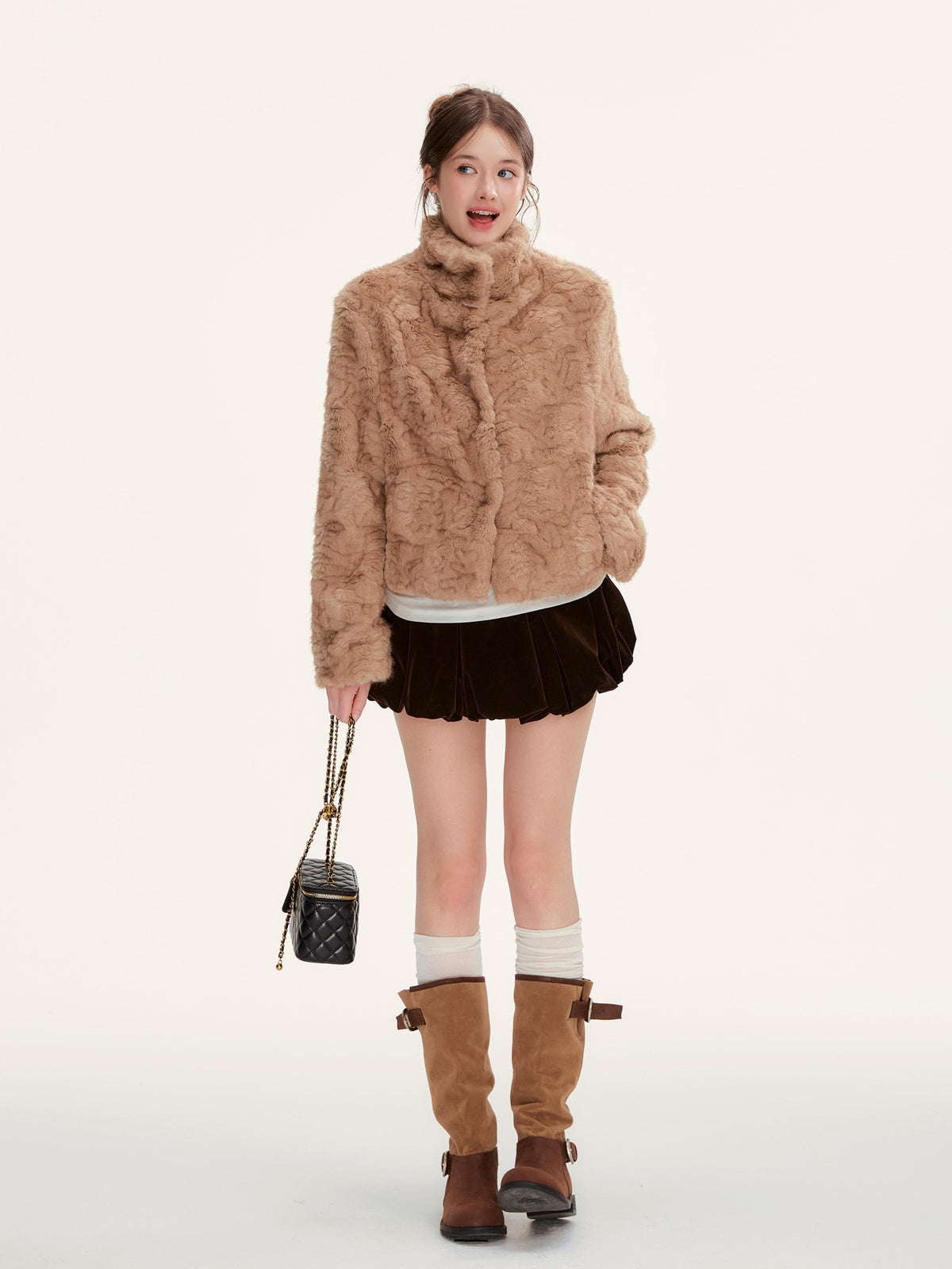 Hypoekai Warm Brown Cable Knit Faux Fur Women's Korean Cropped Jackets
