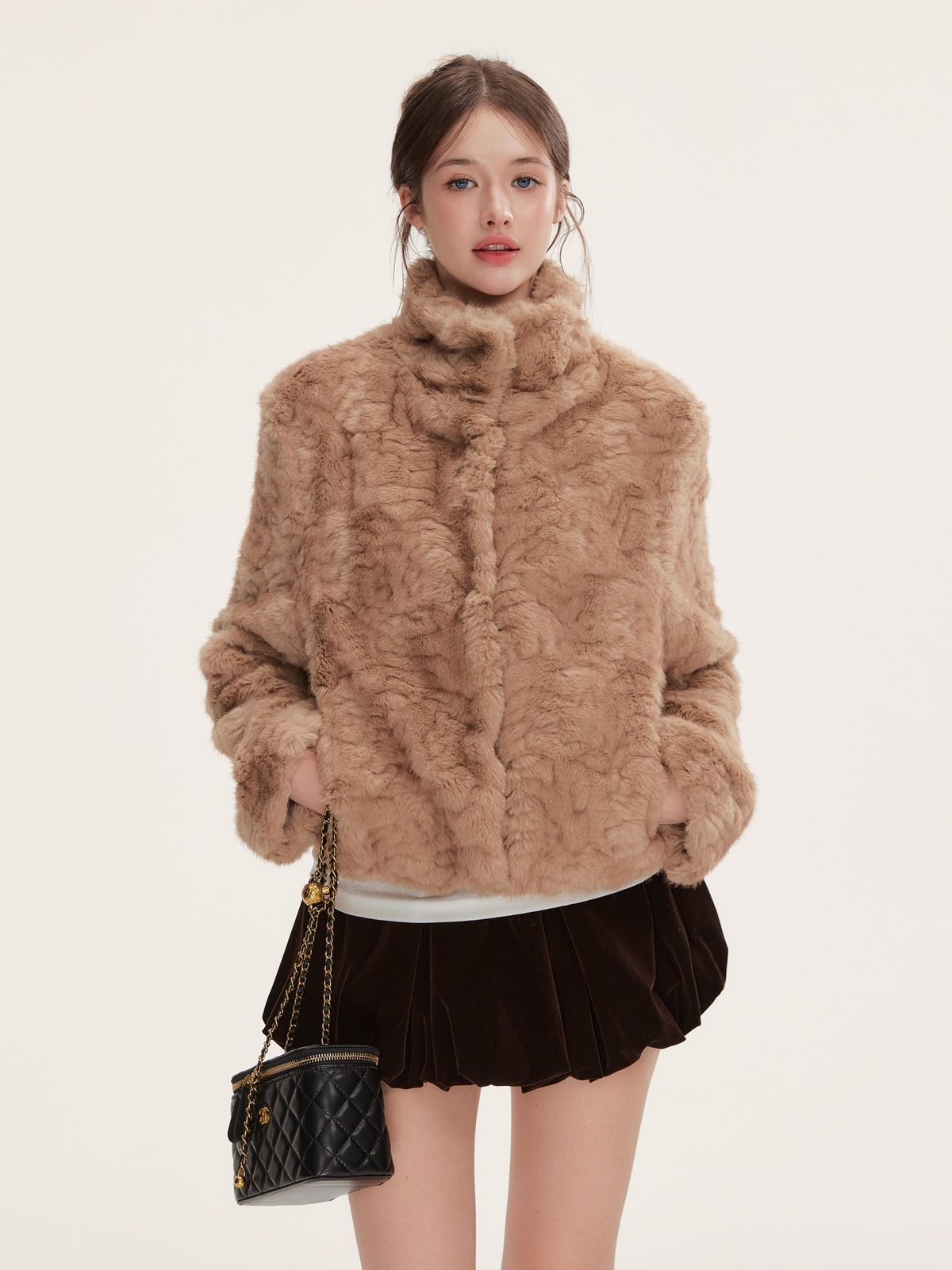 Hypoekai Warm Brown Cable Knit Faux Fur Women's Korean Cropped Jackets