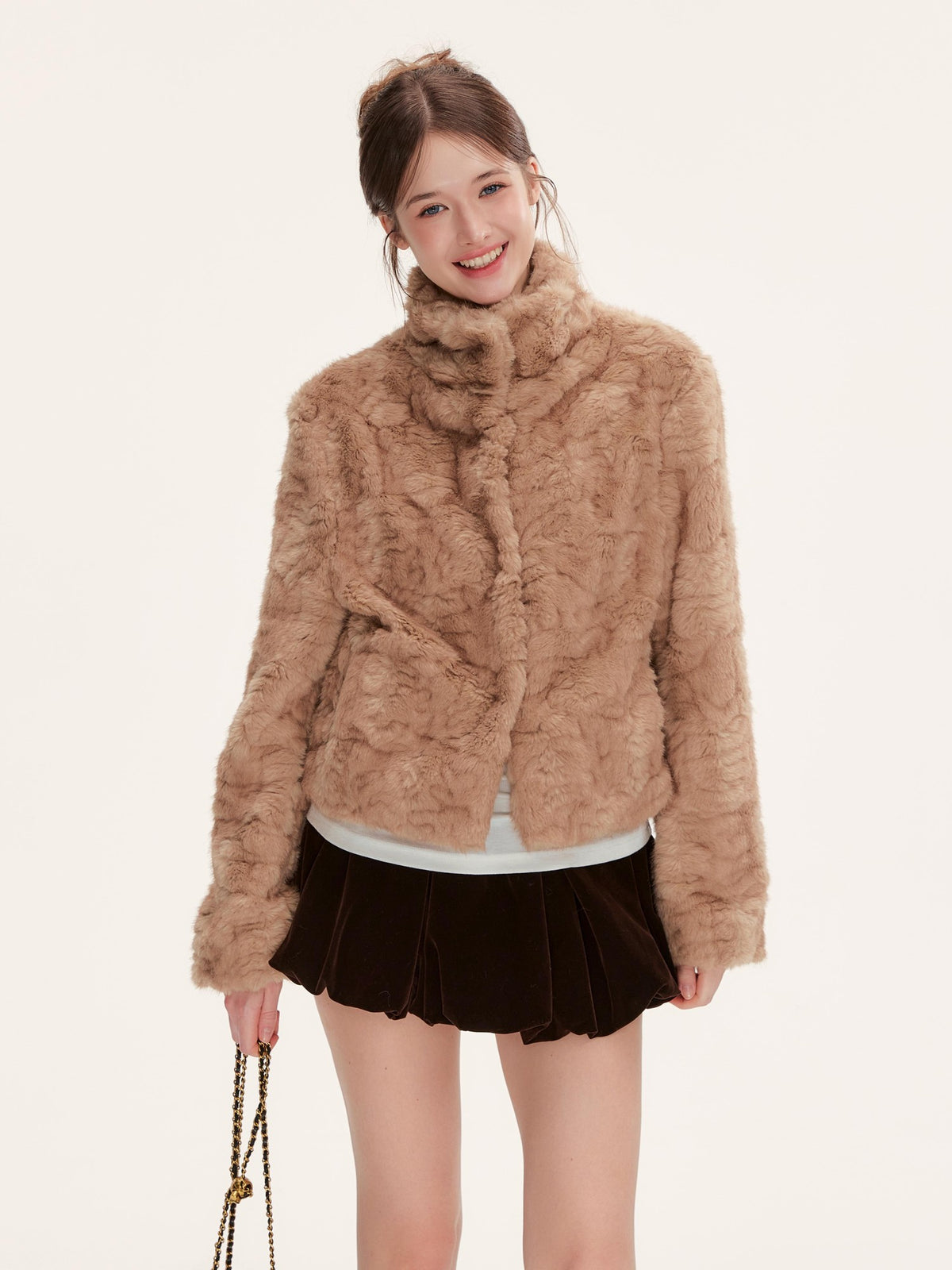Hypoekai Warm Brown Cable Knit Faux Fur Women's Korean Cropped Jackets