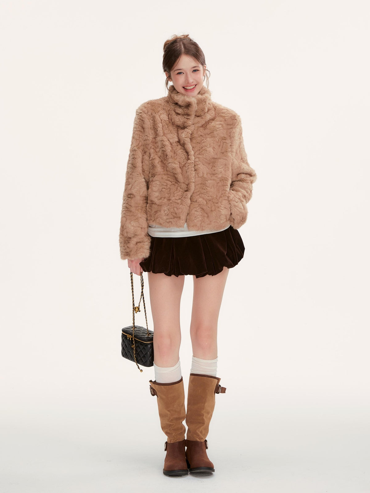 Hypoekai Warm Brown Cable Knit Faux Fur Women's Korean Cropped Jackets