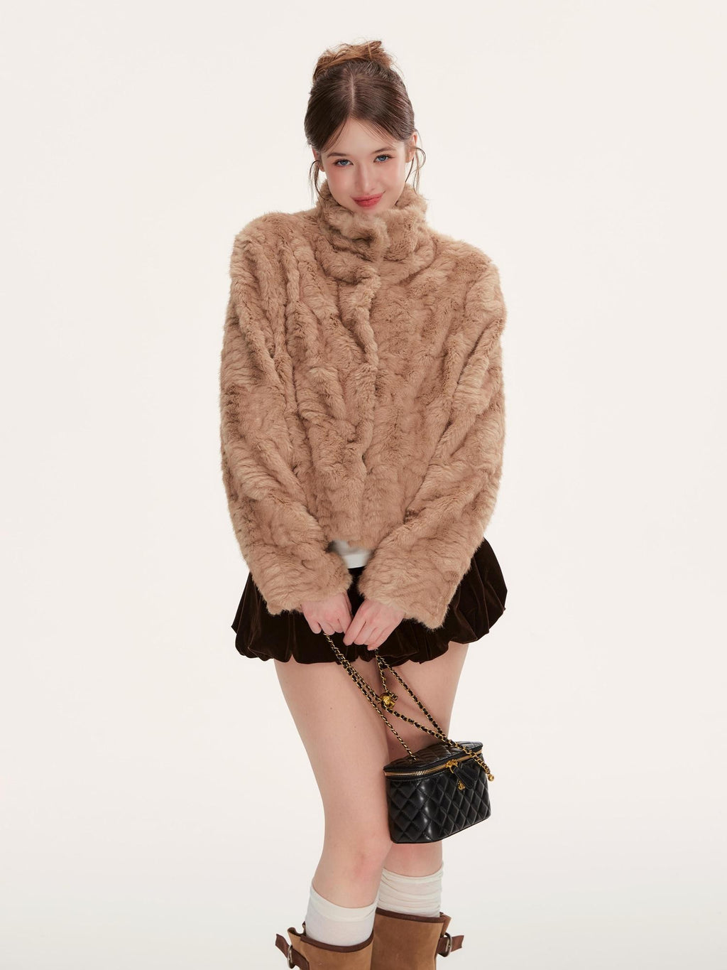 Hypoekai Warm Brown Cable Knit Faux Fur Women's Korean Cropped Jackets