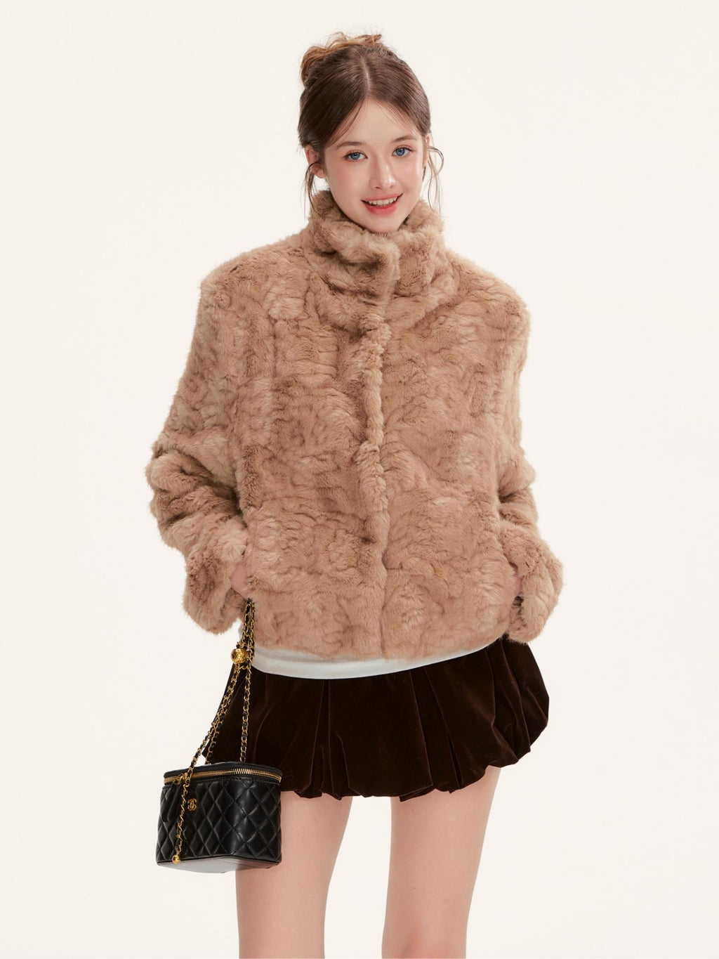 Hypoekai Warm Brown Cable Knit Faux Fur Women's Korean Cropped Jackets