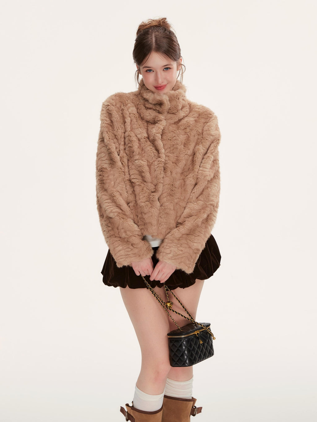 Hypoekai Warm Brown Cable Knit Faux Fur Women's Korean Cropped Jackets