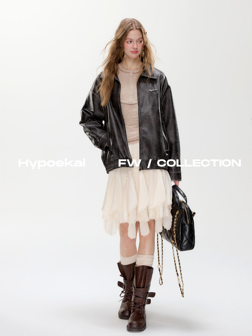 Hypoekai Washed Loose Fit Round Hem Zip Up Long Sleeve Women's Pu Leather Jackets