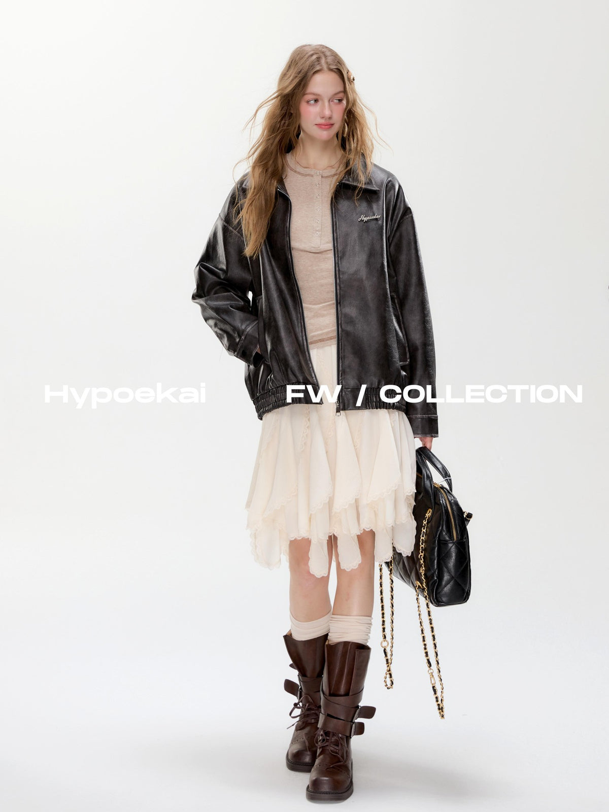Hypoekai Washed Loose Fit Round Hem Zip Up Long Sleeve Women's Pu Leather Jackets