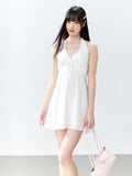 Hypoekai White Embroidered Lace Trim Casual Loose Slimming Women's Halter Mini Dresses