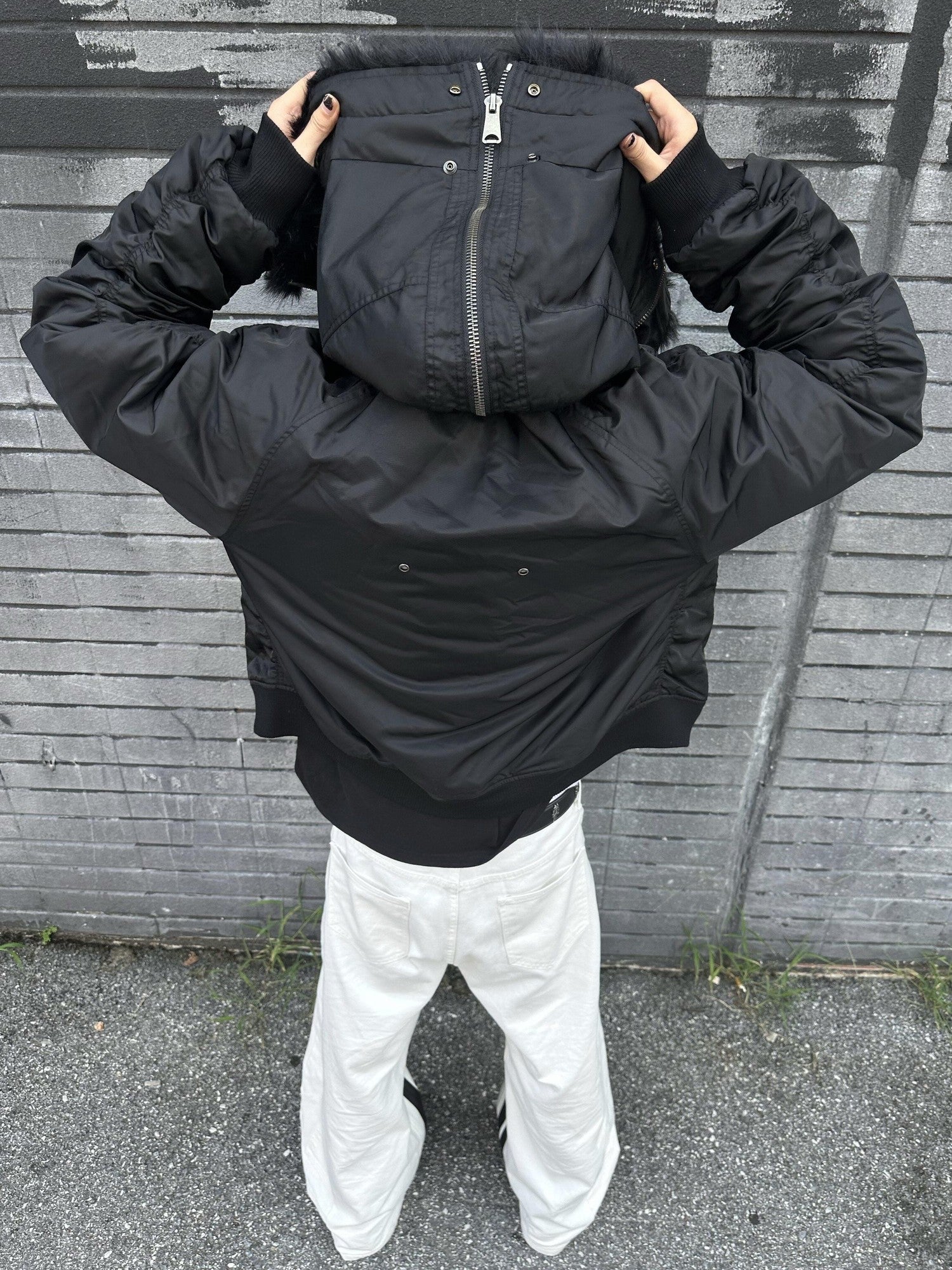 Imdelusion Black Hooded N2b Flight Women's Fox Fur Down Cotton Bomber Jackets