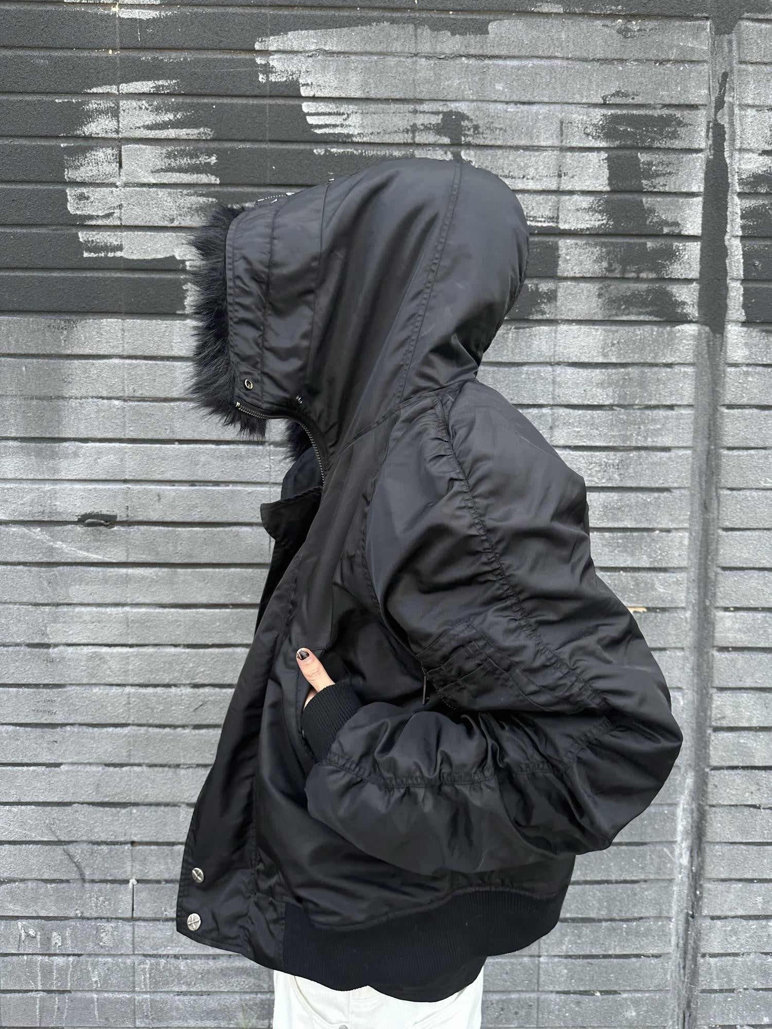 Imdelusion Black Hooded N2b Flight Women's Fox Fur Down Cotton Bomber Jackets