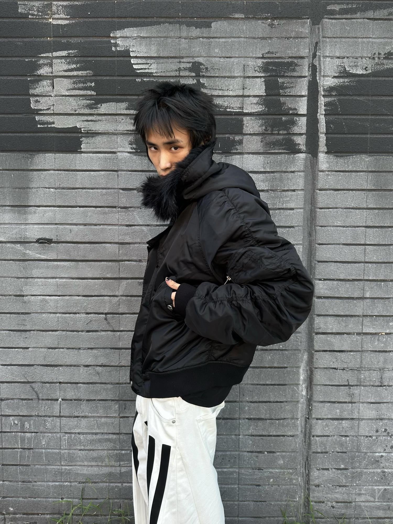 Imdelusion Black Hooded N2b Flight Women's Fox Fur Down Cotton Bomber Jackets