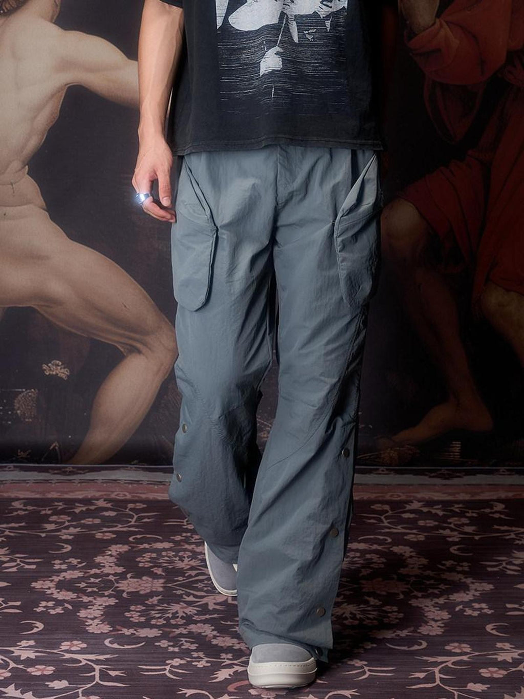Imdelusion Cold Gray Magnetic Buckle Utility Three Dimensional Cut Women's Pvc Flare Pants