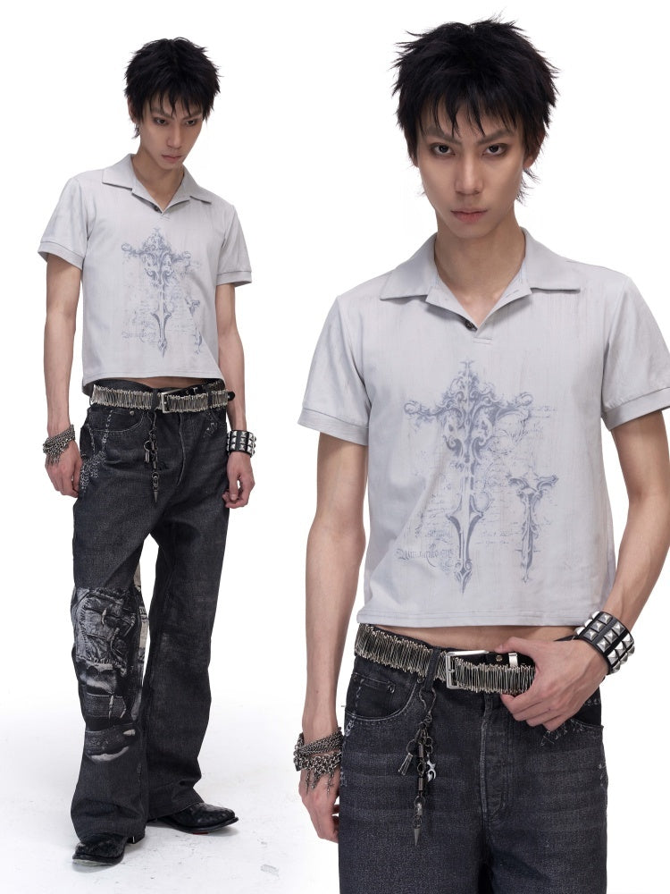 Imdelusion_Cross_Print_Distressed_Lapel_Collar_Short_Sleeve_Women's_Cotton_Henley_T-shirts_915109092805_MISSTT