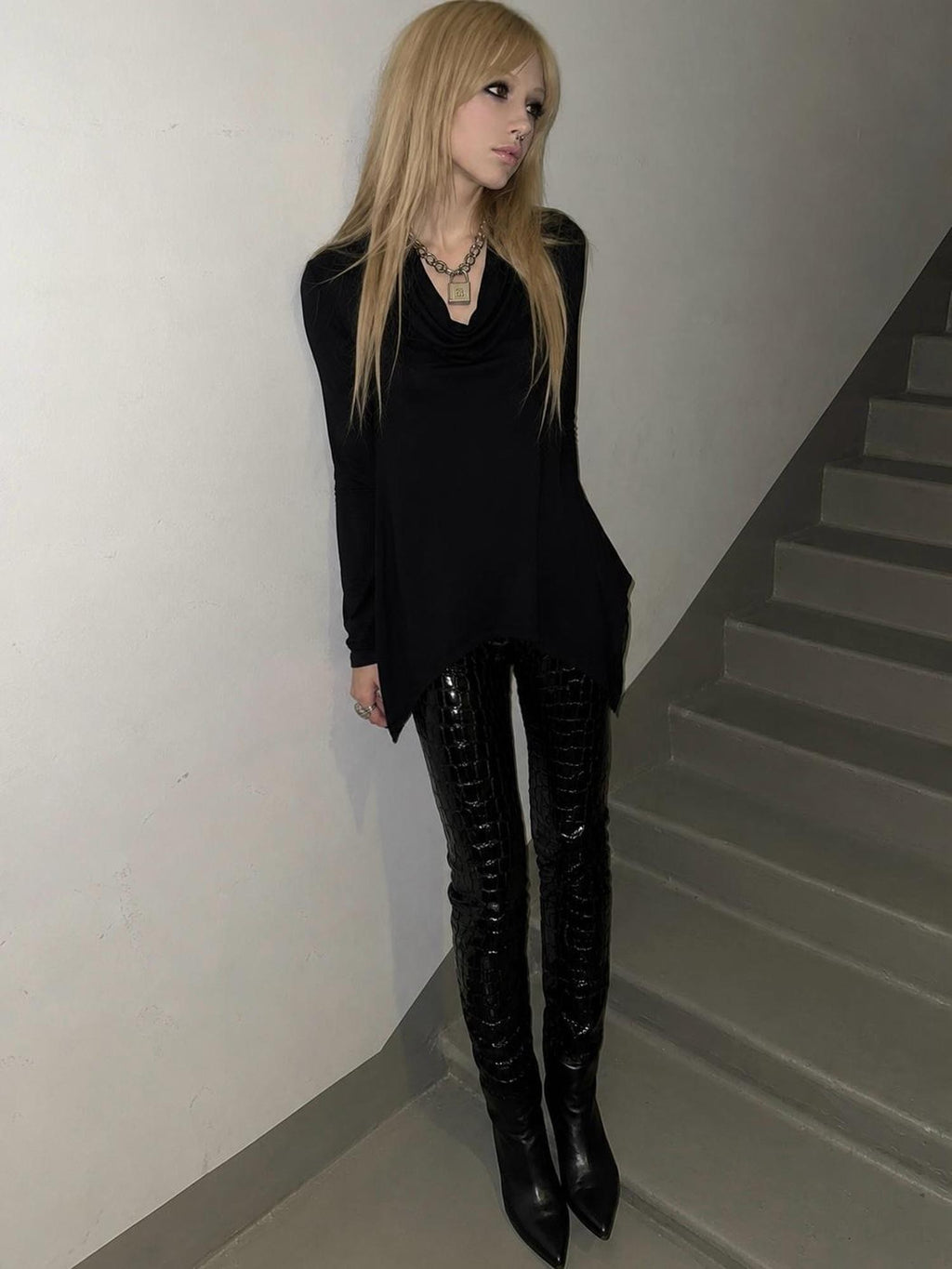 Imdelusion Dark Goth Draped Neck Asymmetric Hem Loose Women's Wool Blend Knit Sweaters