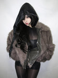 Imdelusion Deep Gray Reversible Faux Fur Vintage Embossed Women's Pu Casual Jackets