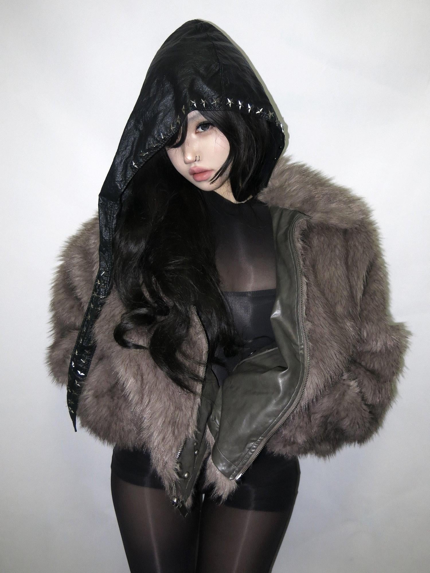 Imdelusion Deep Gray Reversible Faux Fur Vintage Embossed Women's Pu Casual Jackets