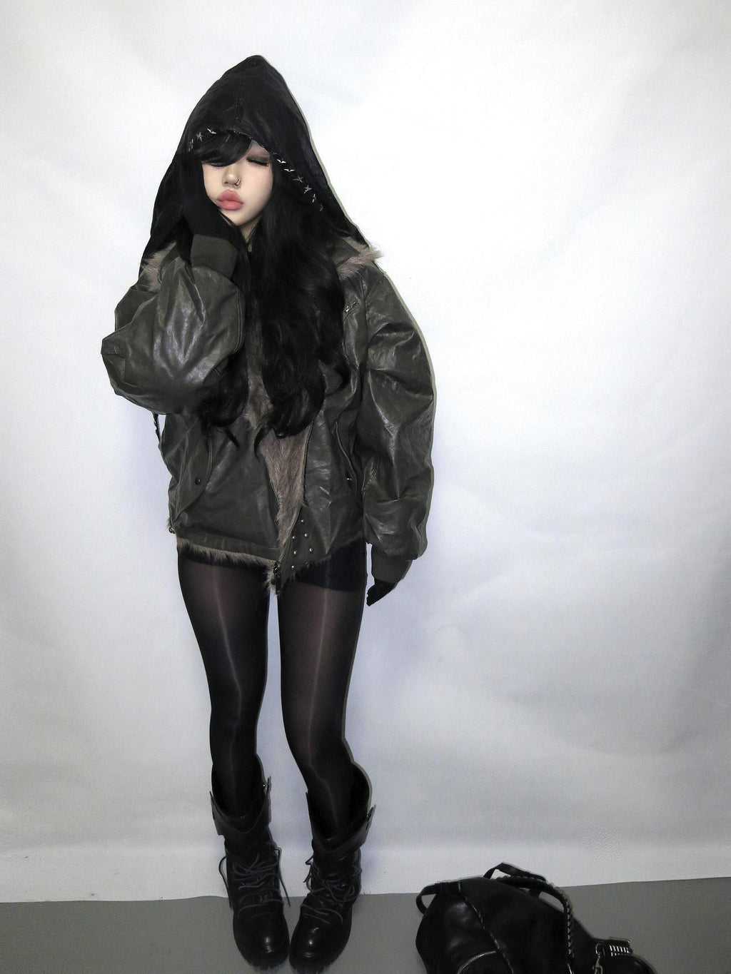 Imdelusion Deep Gray Reversible Faux Fur Vintage Embossed Women's Pu Casual Jackets