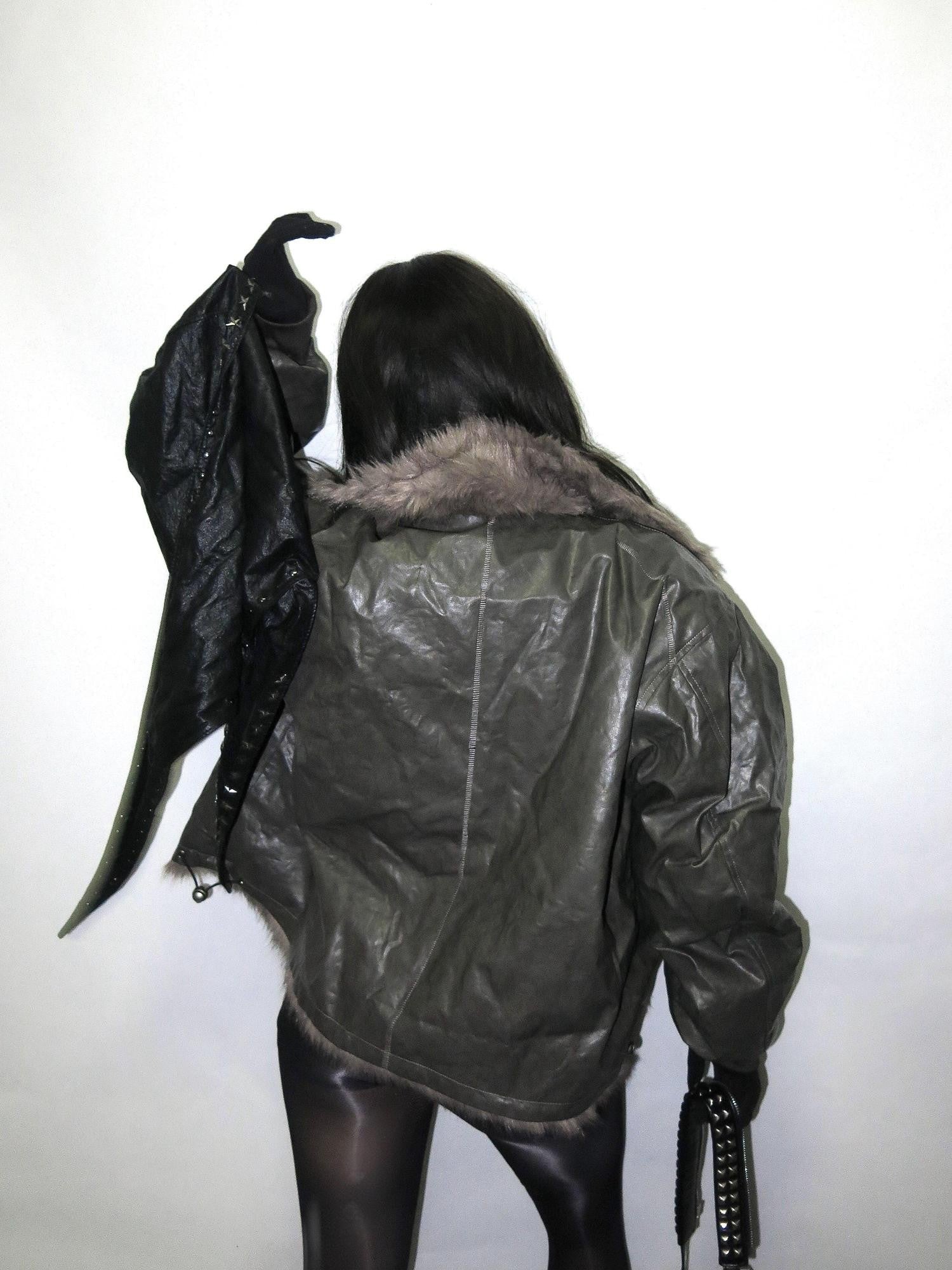 Imdelusion Deep Gray Reversible Faux Fur Vintage Embossed Women's Pu Casual Jackets