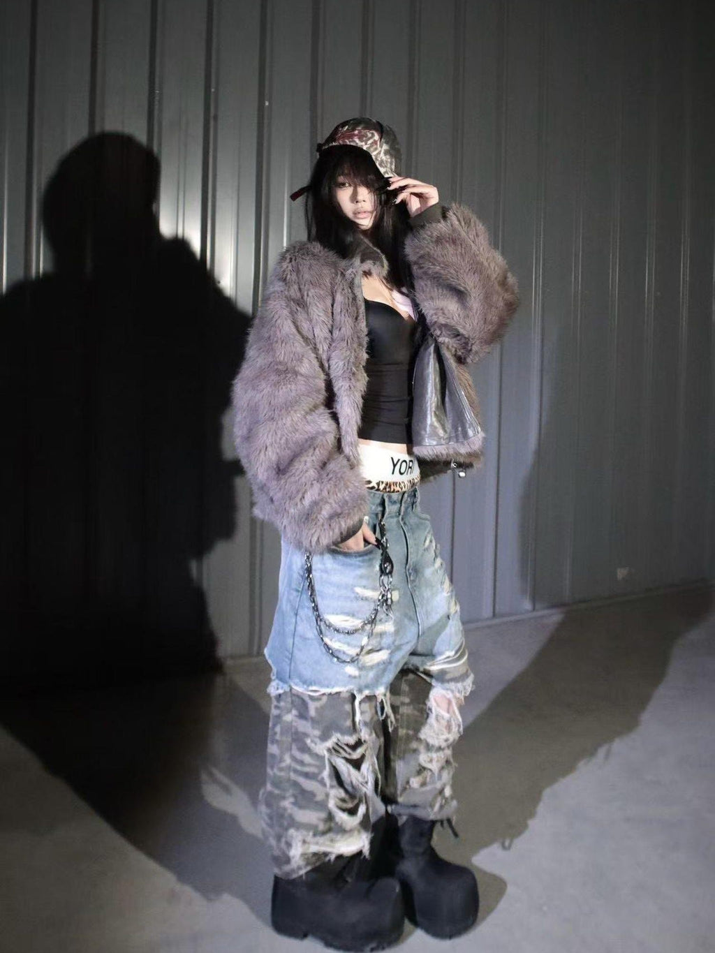 Imdelusion Deep Gray Reversible Faux Fur Vintage Embossed Women's Pu Casual Jackets