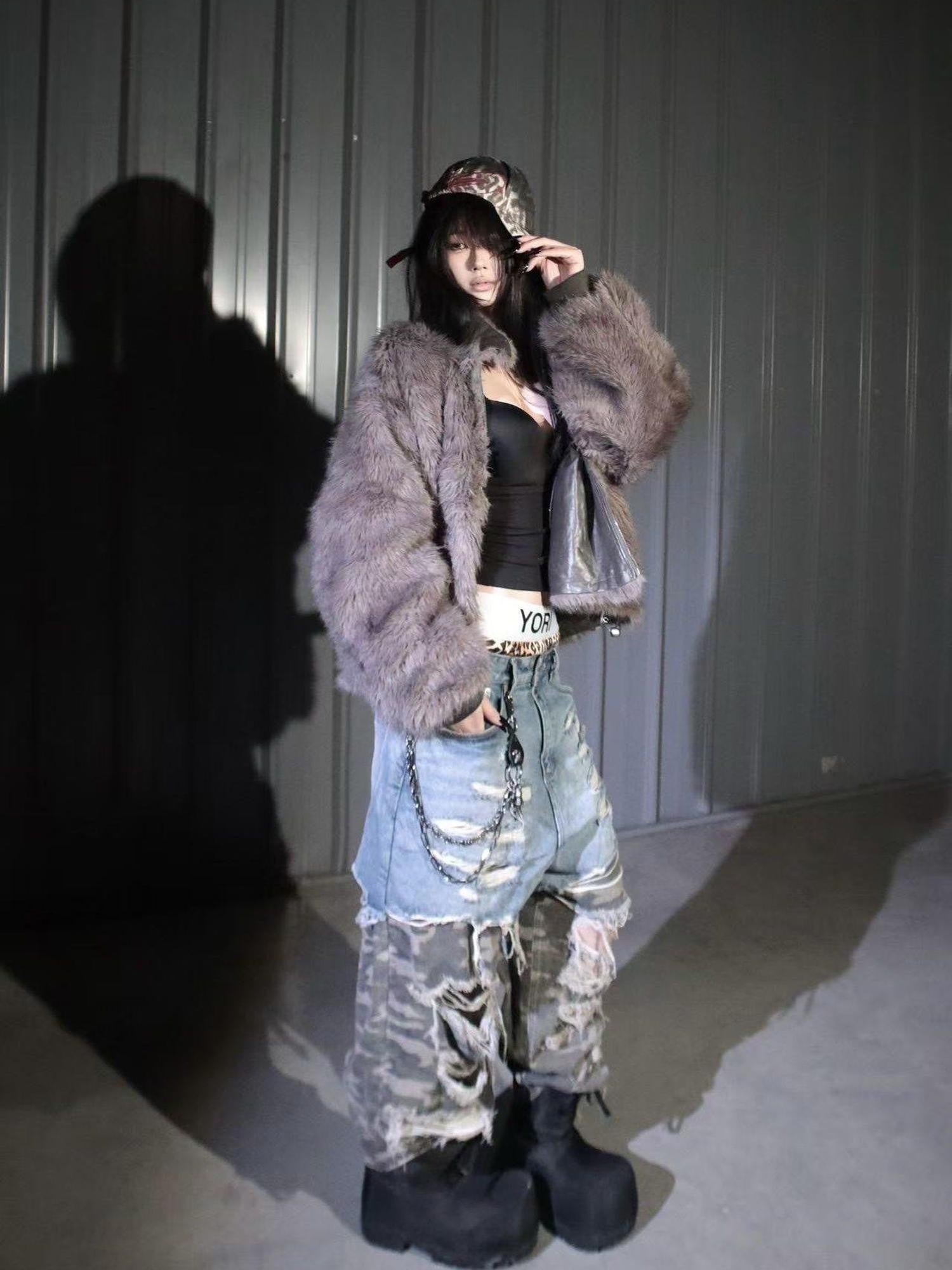 Imdelusion Deep Gray Reversible Faux Fur Vintage Embossed Women's Pu Casual Jackets
