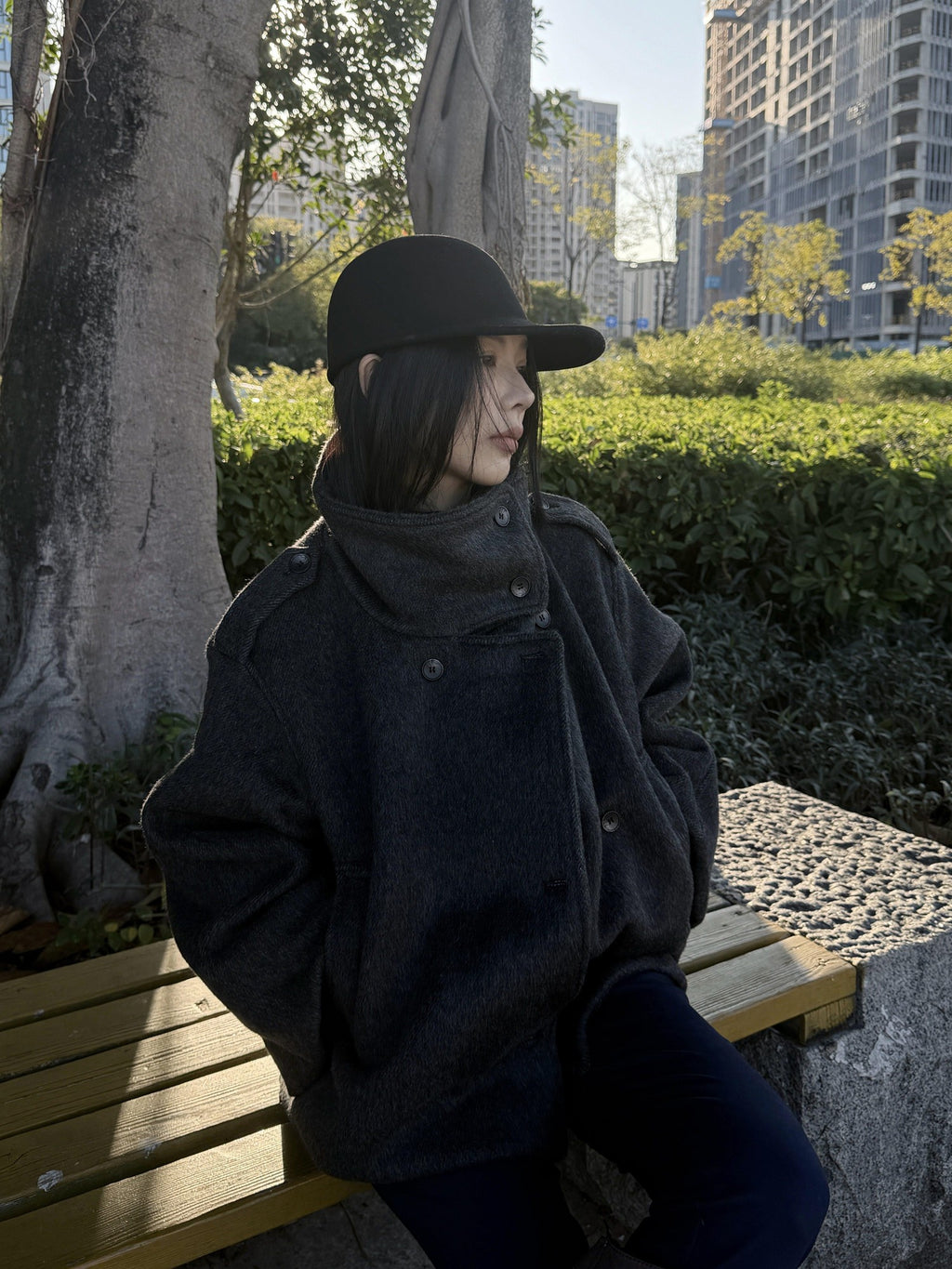 Imdelusion Deep Gray Stand Collar Heavy Single Breasted Women's Wool Blend Wool Coats