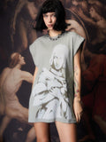 Imdelusion Gray Green Knight Print Loose Crew Neck Women's Cotton Tank Tops