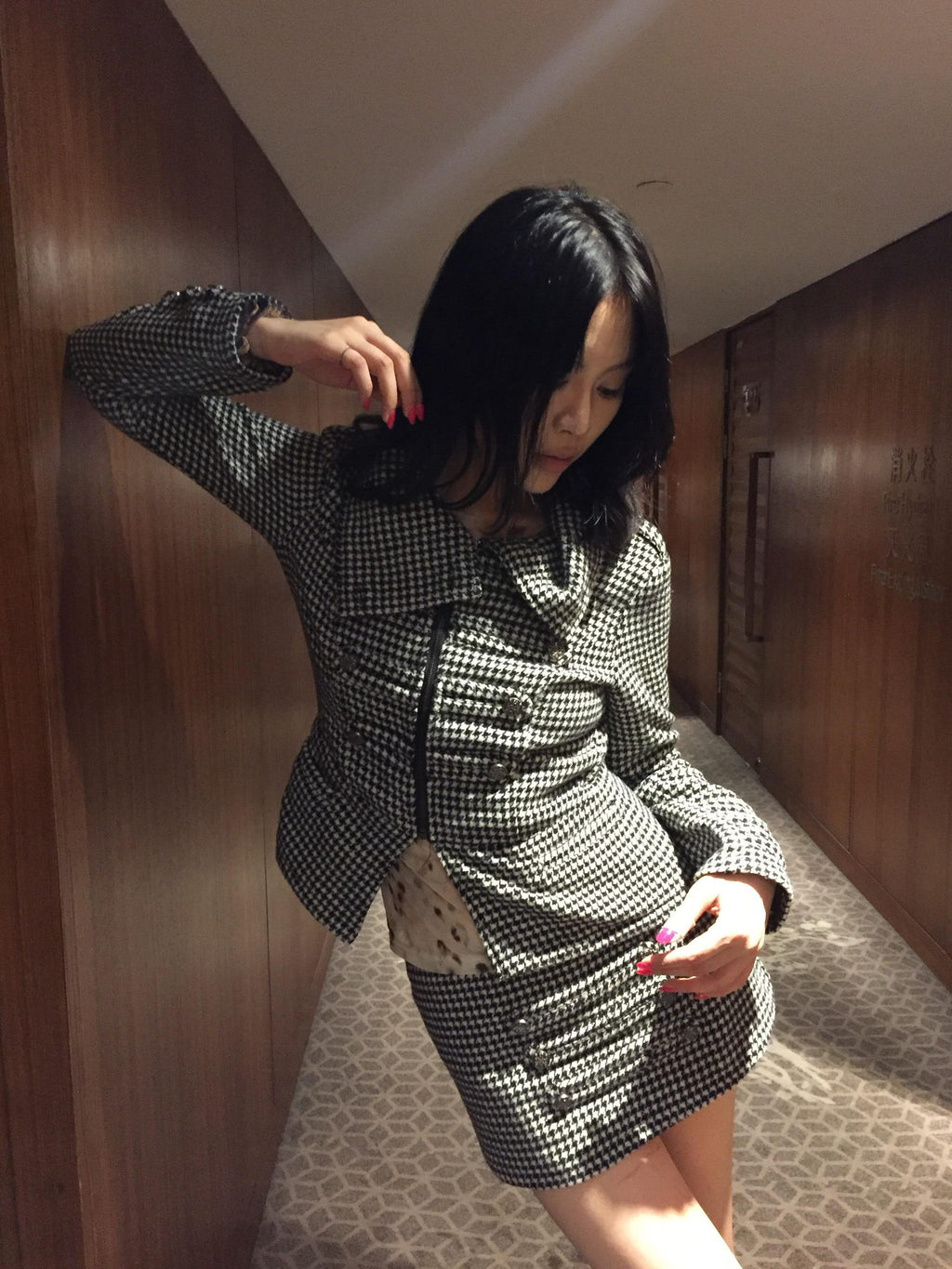 Imdelusion Houndstooth Court Stand Collar Zip Slit Hem Women's Wool Matching Skirt Sets