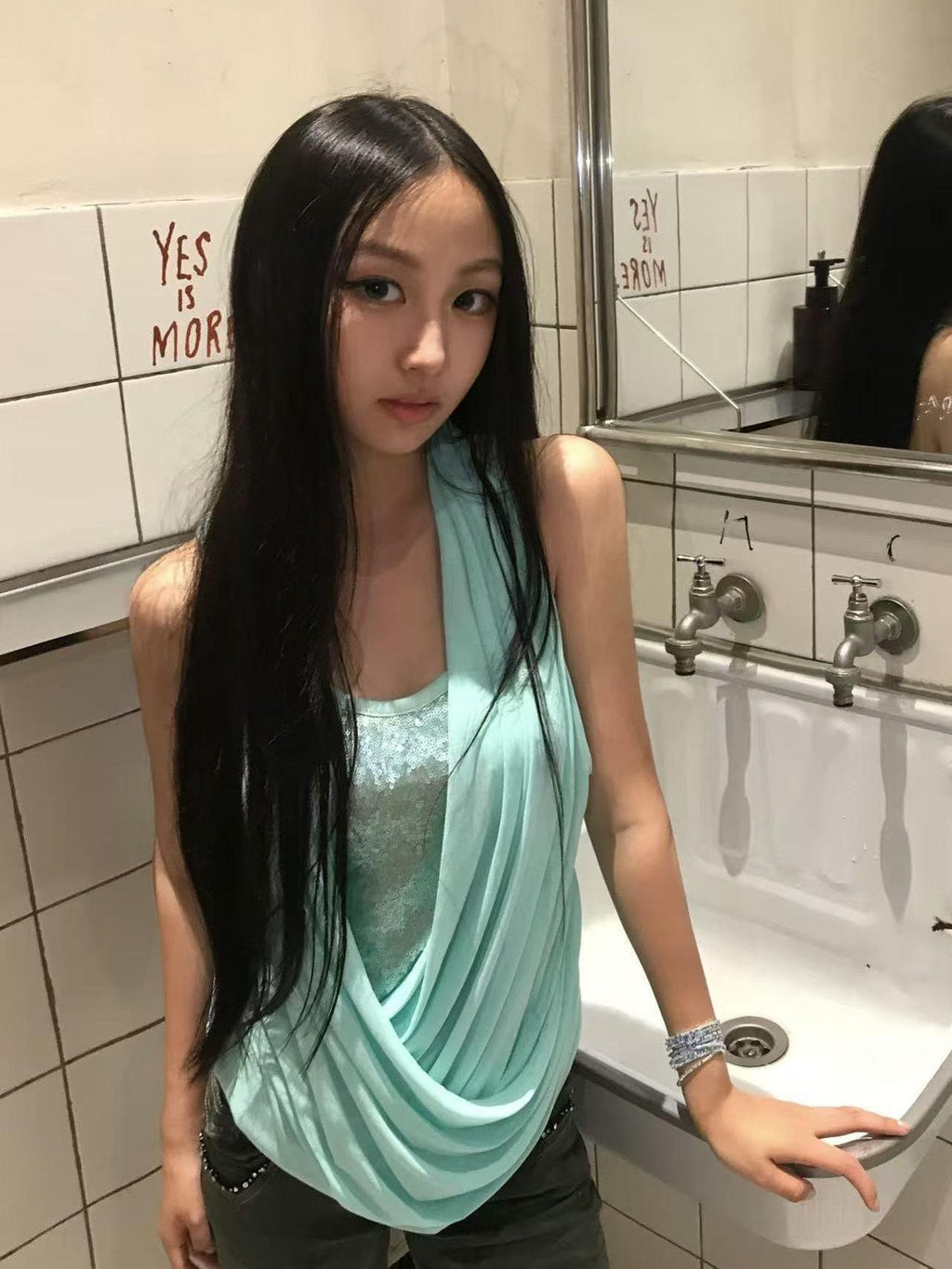 Imdelusion Mint Green Sequin Double Layer Draped Off Shoulder Women's Cotton Halter Tops