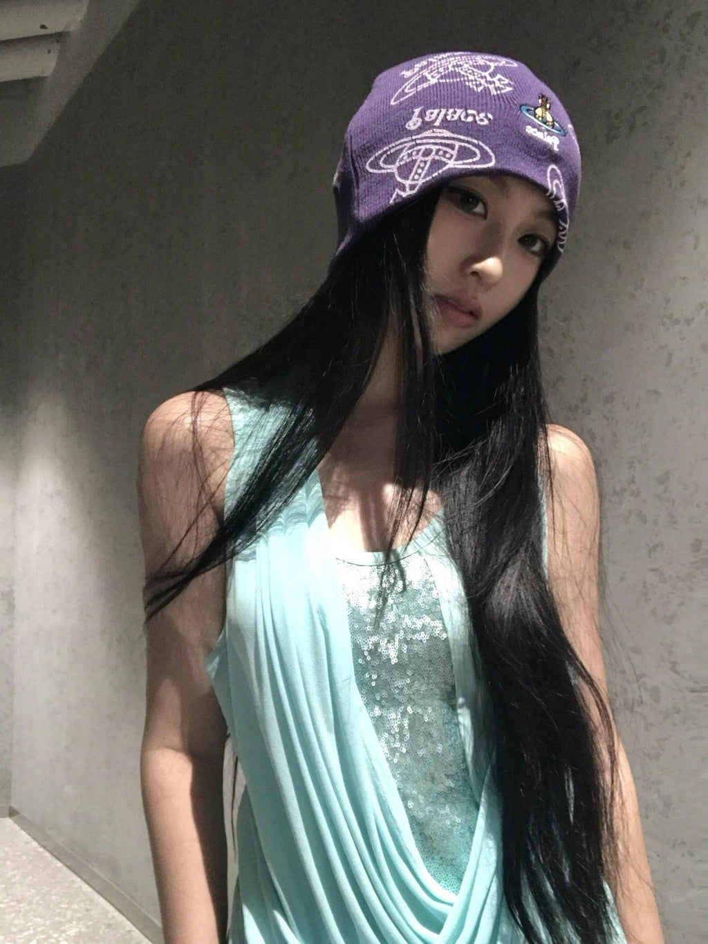 Imdelusion Mint Green Sequin Double Layer Draped Off Shoulder Women's Cotton Halter Tops