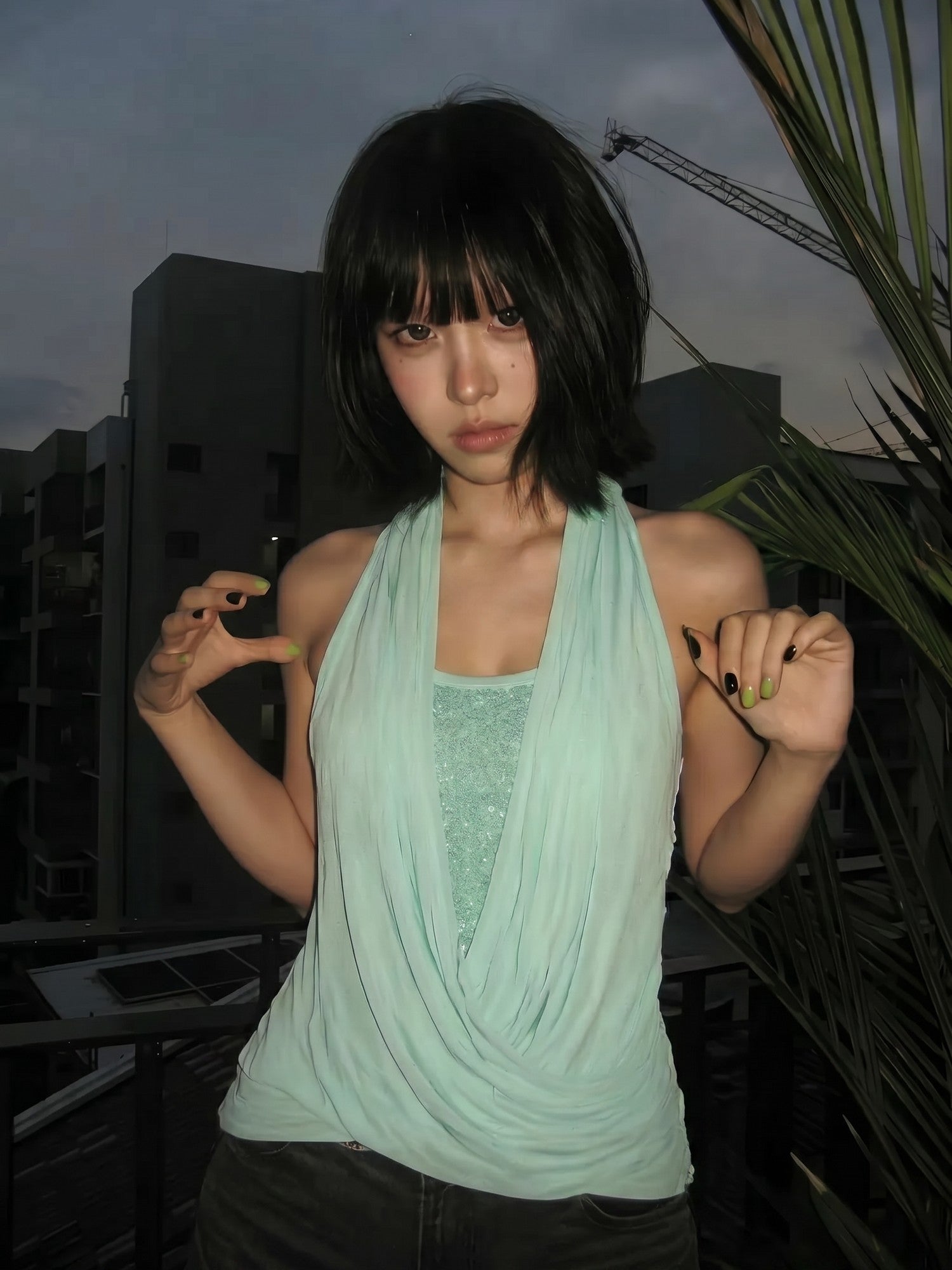 Imdelusion Mint Green Sequin Double Layer Draped Off Shoulder Women's Cotton Halter Tops