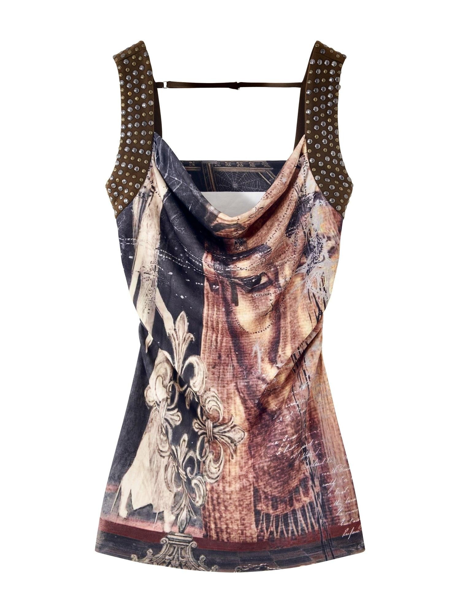 Imdelusion Retro Egyptian Print Studded Draped Neck Women's Cotton Blend Slip Mini Dresses