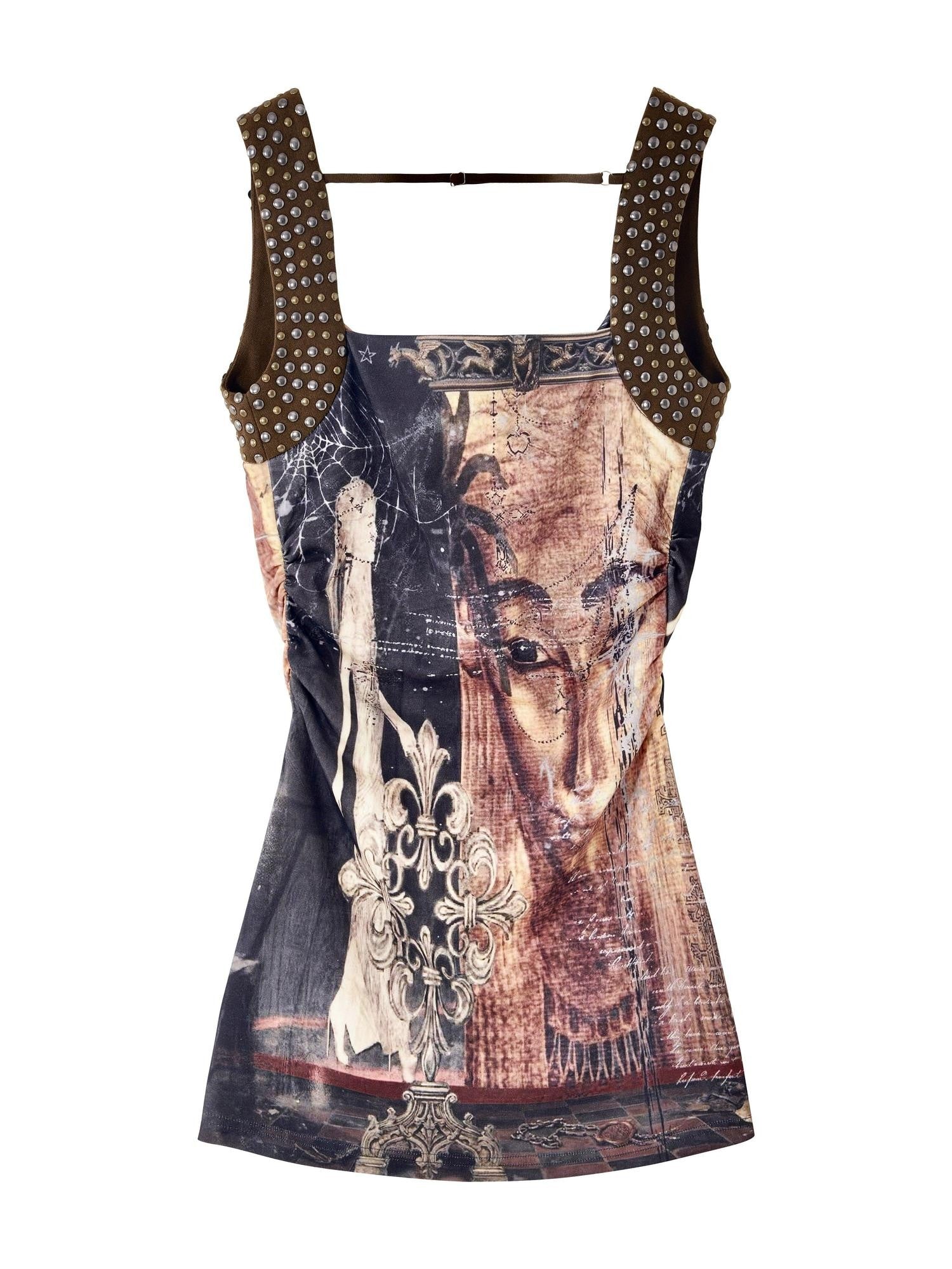 Imdelusion Retro Egyptian Print Studded Draped Neck Women's Cotton Blend Slip Mini Dresses