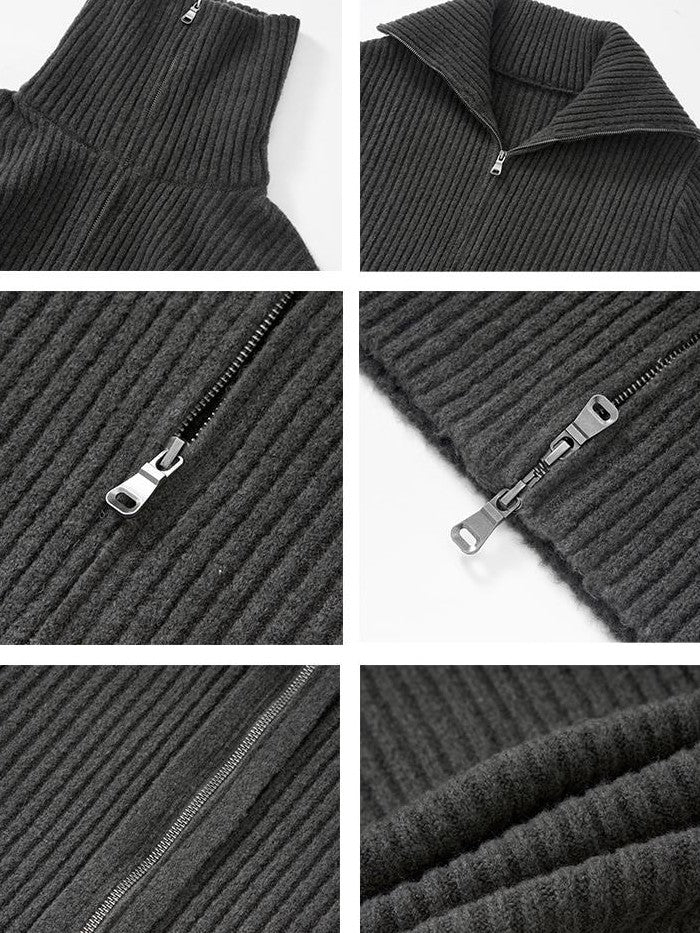 Imdelusion Ribbed Knit Double Zip Solid Color Loose Fit Wool Blend Women's Turtlenecks