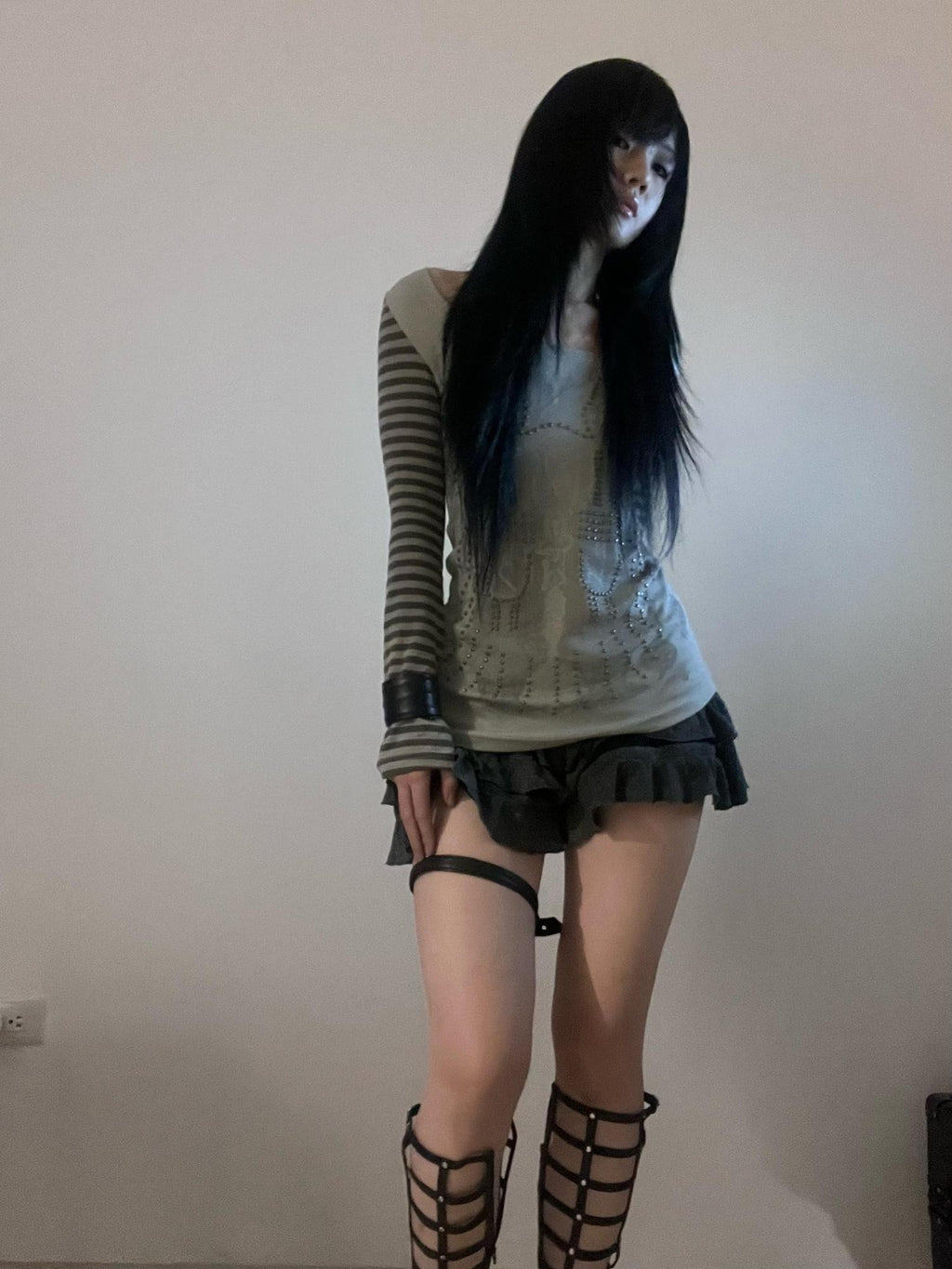 Imdelusion Rivet Twin Print Striped Gothic Punk Women's Cotton Spandex Long Sleeve T-shirts