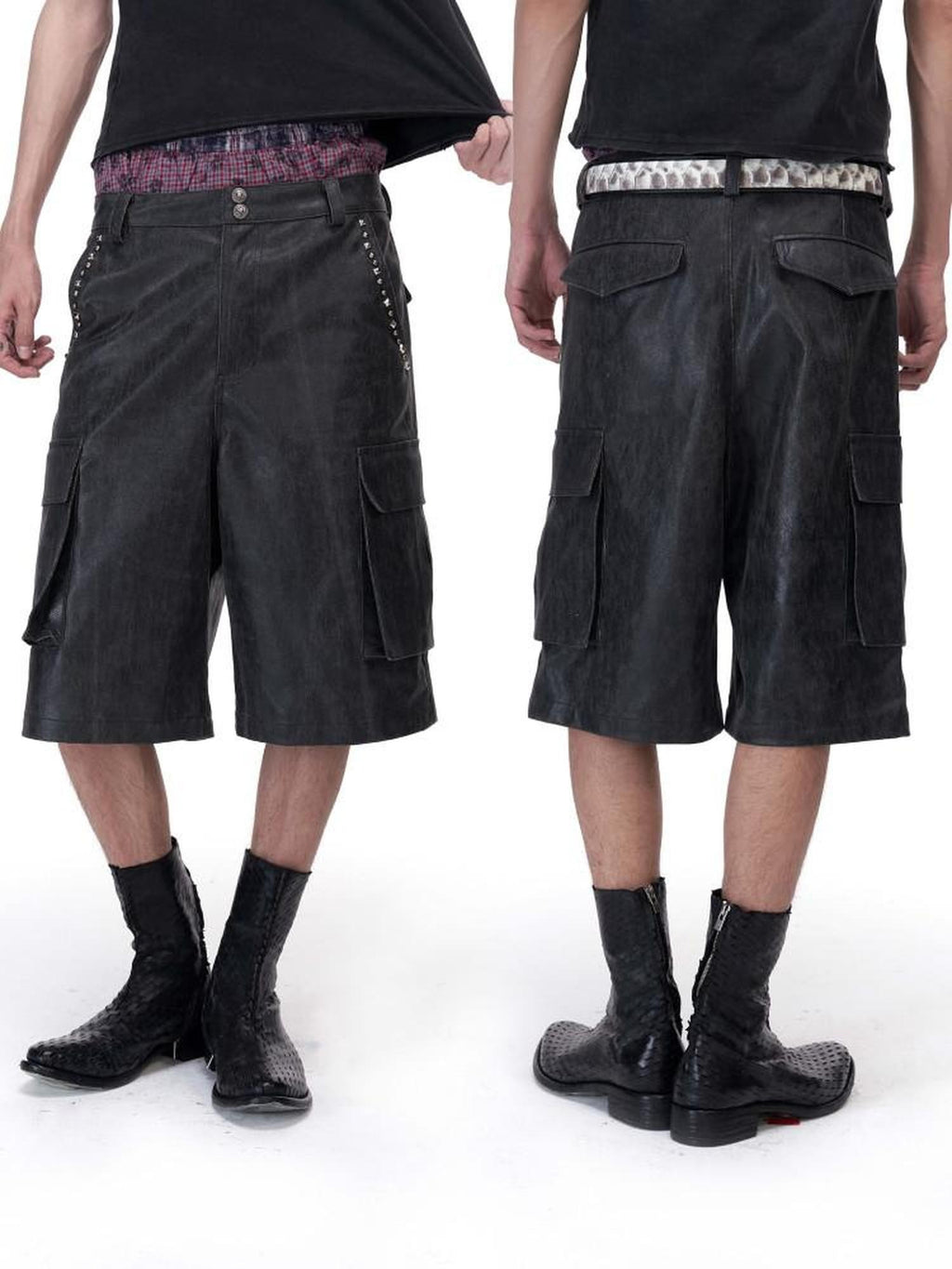 Imdelusion Studded Crackle 3d Large Pocket Cargo Cropped Punk Women's Leather Pants
