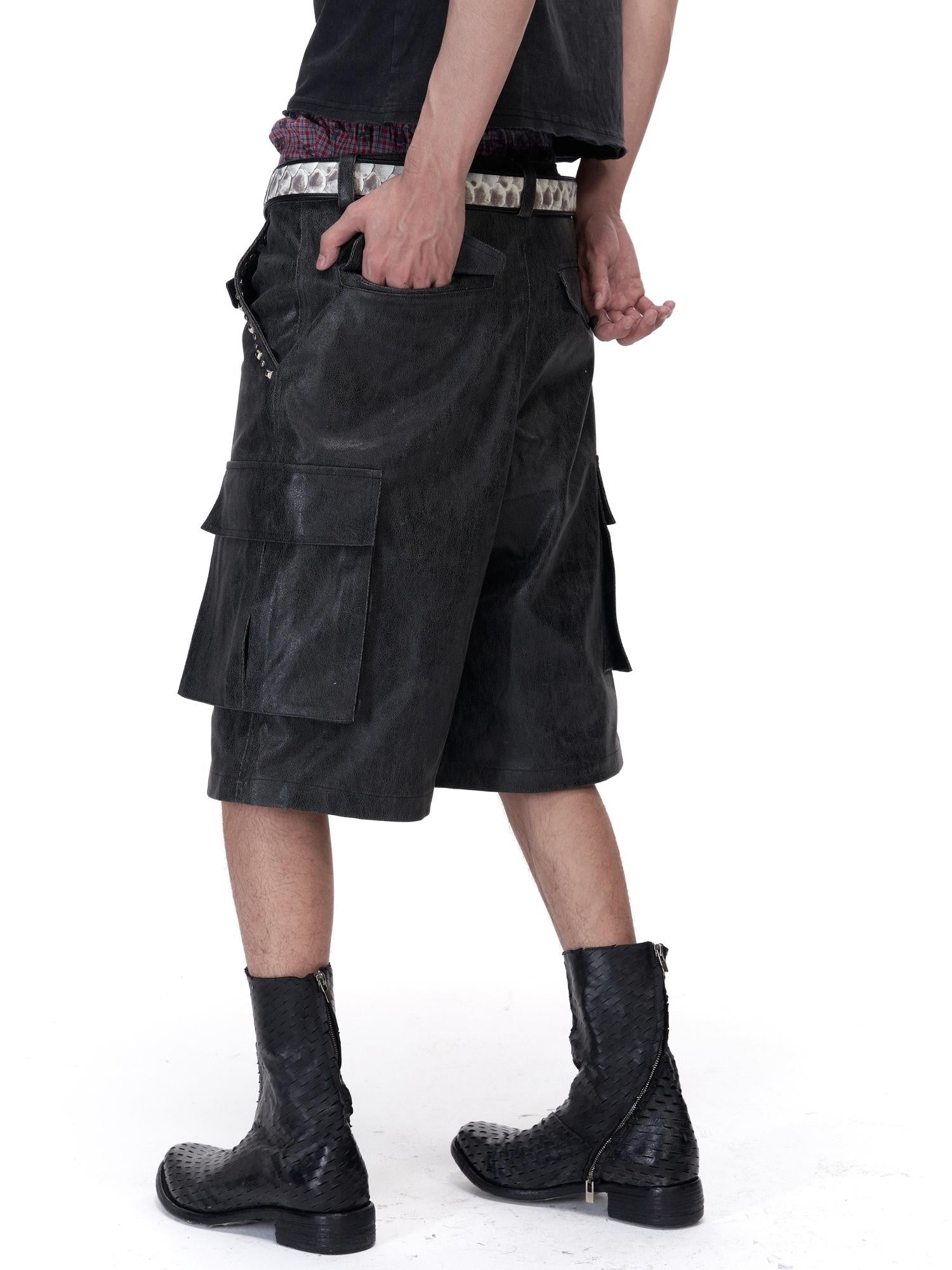 Imdelusion Studded Crackle 3d Large Pocket Cargo Cropped Punk Women's Leather Pants
