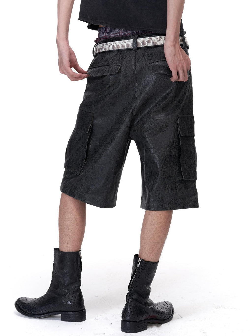 Imdelusion Studded Crackle 3d Large Pocket Cargo Cropped Punk Women's Leather Pants