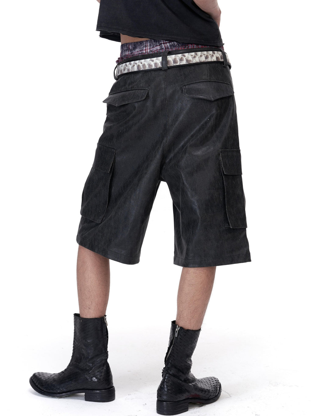 Imdelusion Studded Crackle 3d Large Pocket Cargo Cropped Punk Women's Leather Pants