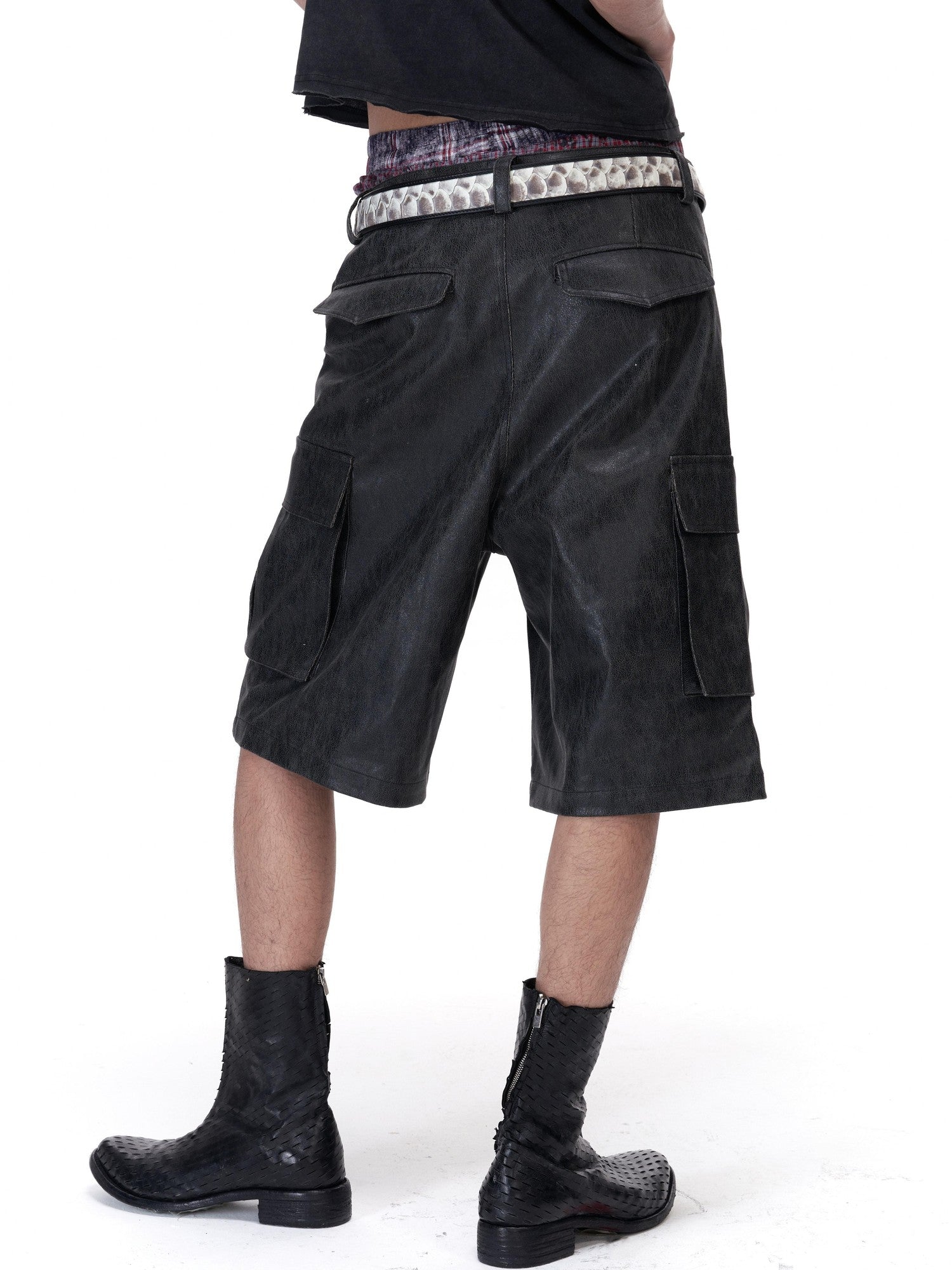 Imdelusion Studded Crackle 3d Large Pocket Cargo Cropped Punk Women's Leather Pants