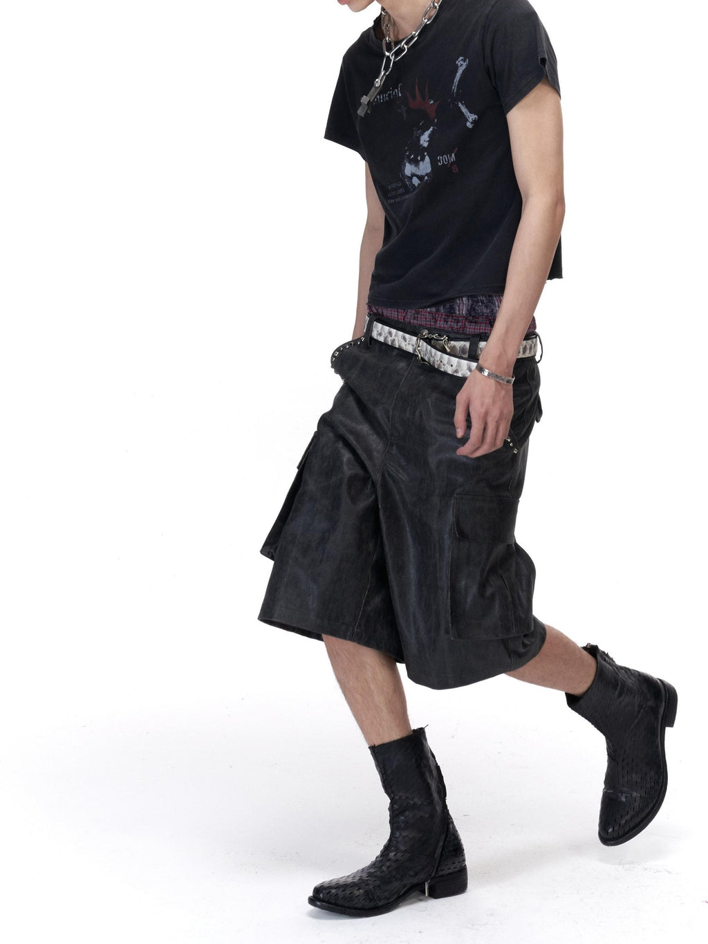 Imdelusion Studded Crackle 3d Large Pocket Cargo Cropped Punk Women's Leather Pants