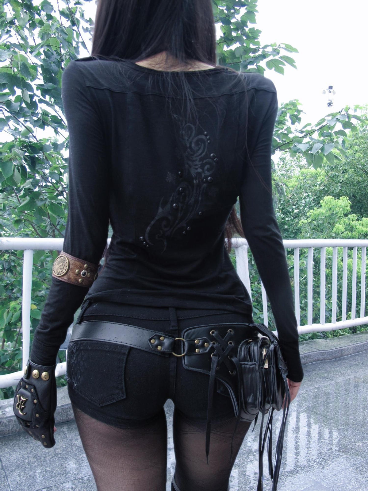Imdelusion Studded Print Cinched Waist Women's Lyocell Long Sleeve T-shirts